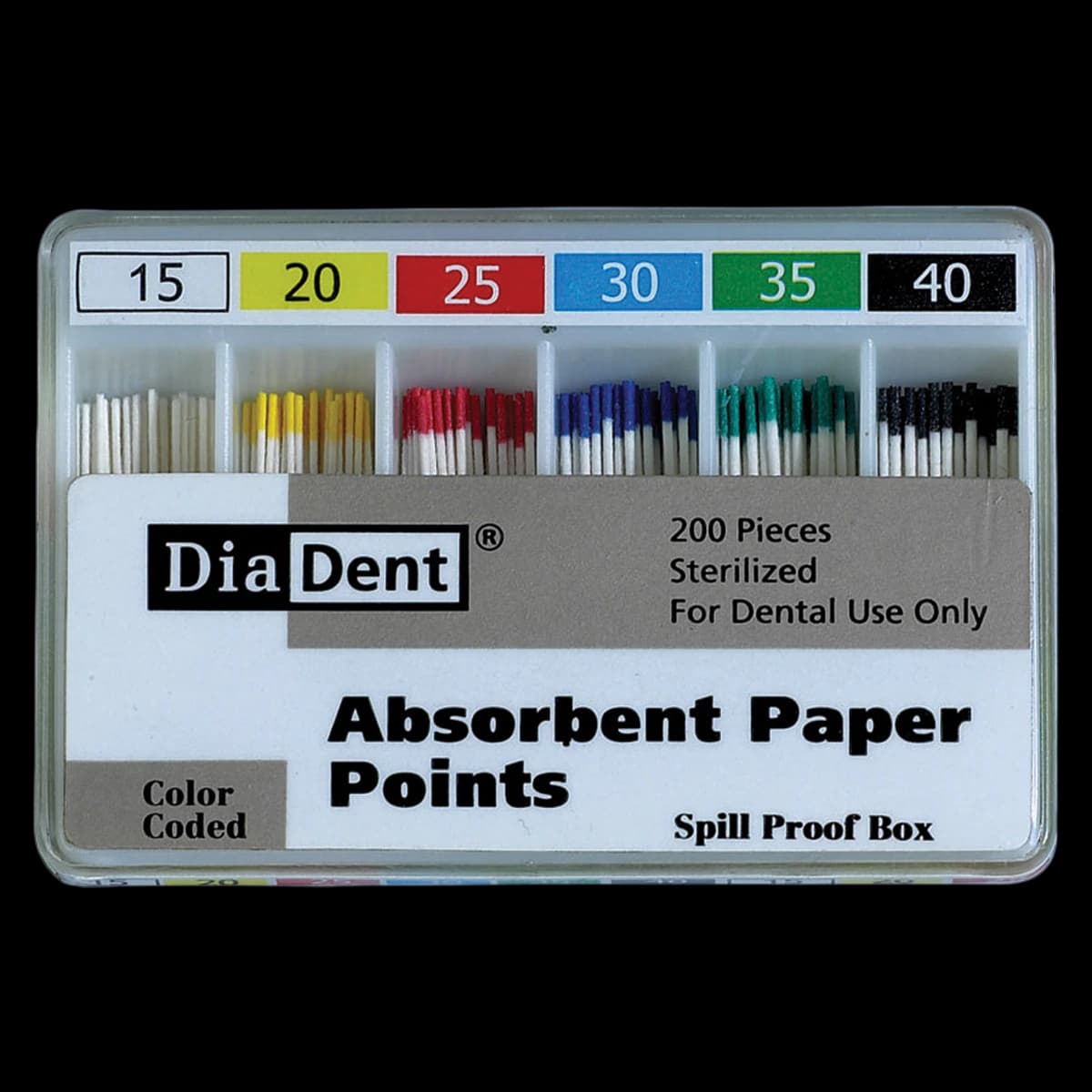 DiaDent Absorbent Paper Points, .02 Taper, Assorted #15-40, Non-Marked, Spill-Proof Box of 120 - #15-40 Assorted .02 Taper DiaDent Non-Marked Absorbent Paper Points Spill Proof Box of 120 - Image 1