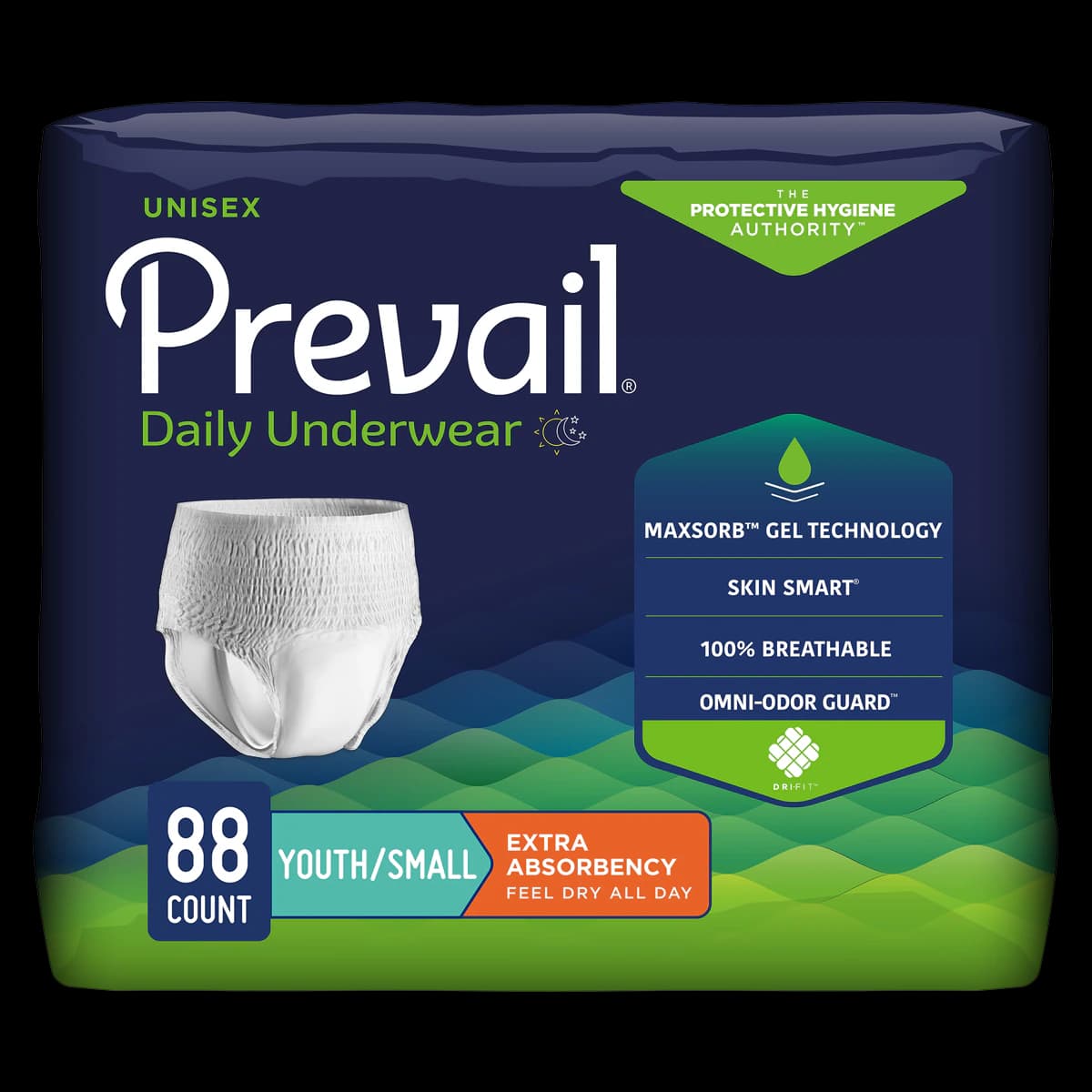 Prevail Incontinence Underwear, Unisex Adult/Youth, Small, 20-34" Waist, Moderate Absorbency, White, Disposable, 4x22/Case - Pull-Ups Prevail - Image 1