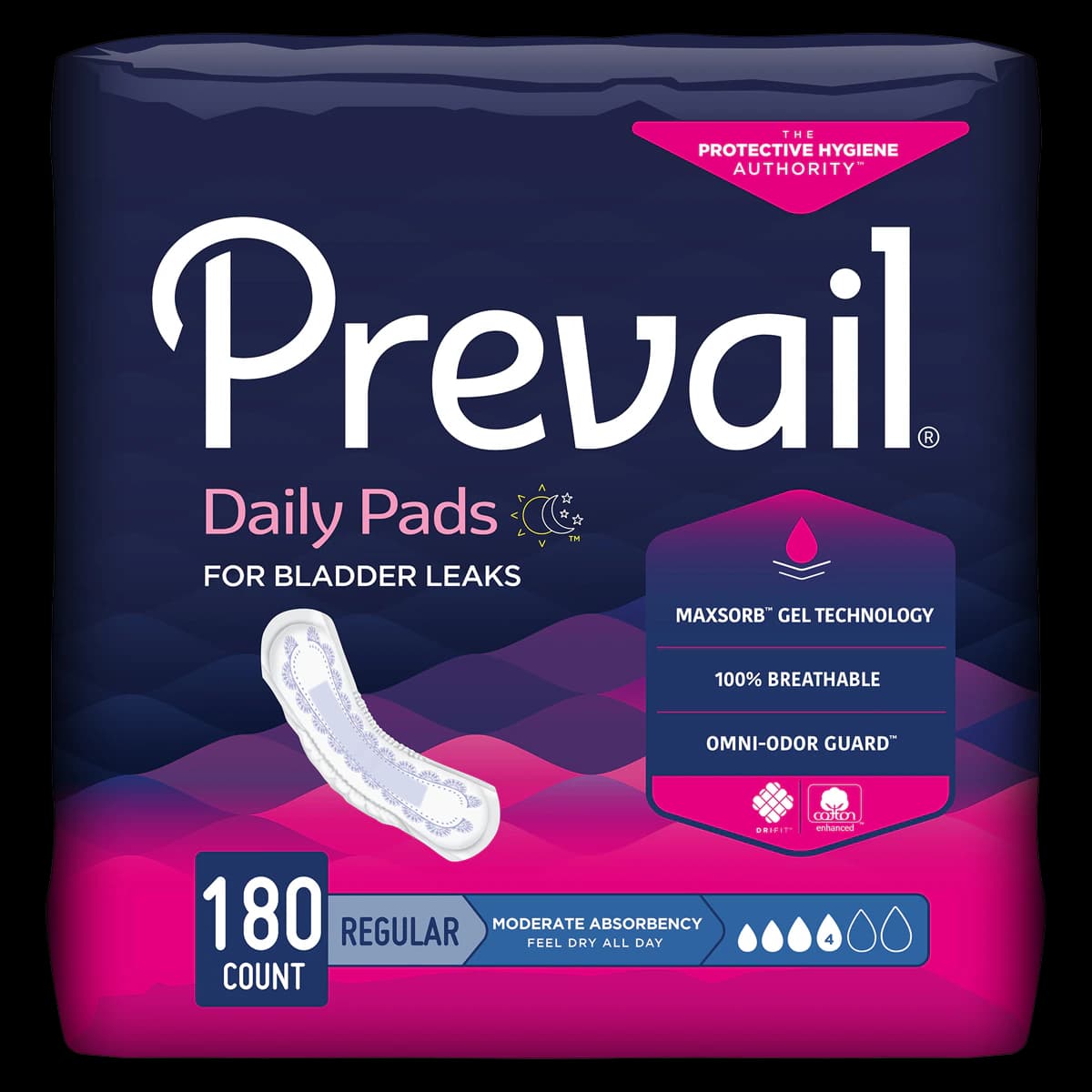 Prevail Bladder Control Pads for Women, Moderate Absorbency, 9.25" Length, One Size Fits Most, White, Odor Guard, 180/Case (20x9) - Pads Prevail Bladder Control - Image 1