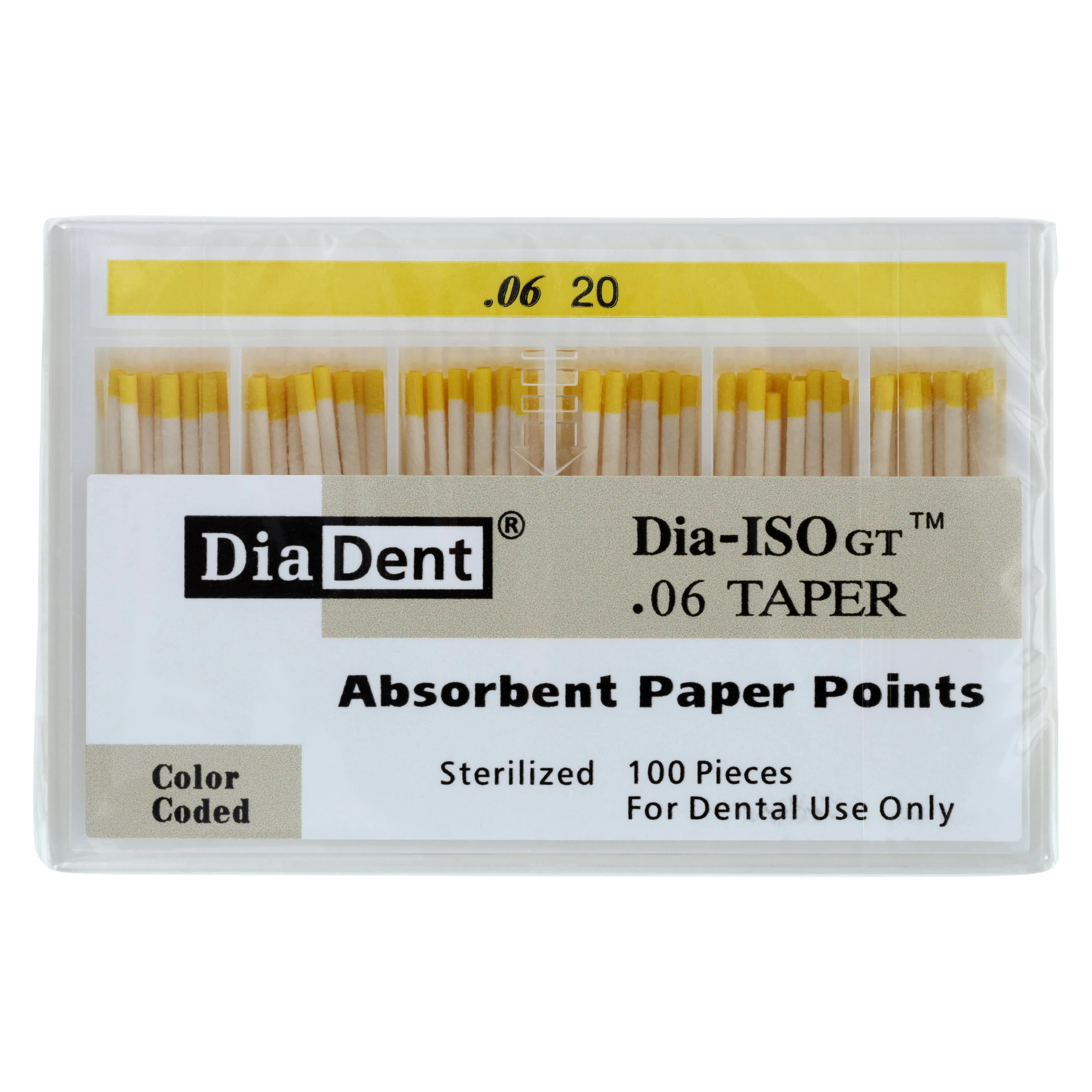 DiaDent Dia-ISO GT Absorbent Paper Points, .06 Taper, Size #20, Yellow, 100/Box - DiaDent® DIA-ISO GT™ Paper Points .06 Taper #20 Yellow Spill Proof Pack of 100 - Image 1