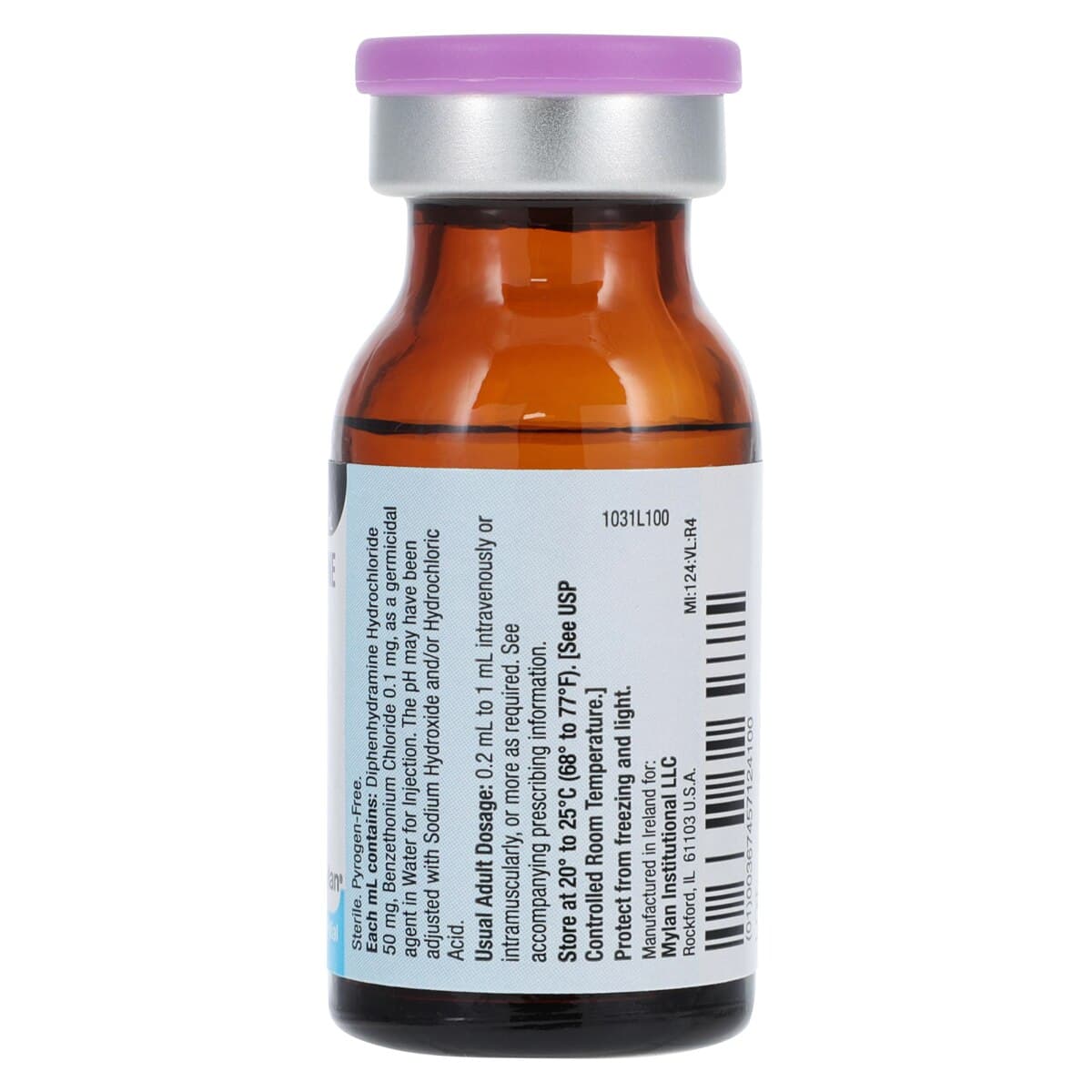 Diphenhydramine HCl Injection 50mg/mL, MDV, 10mL Vial, Mylan Pharmaceuticals thumbnail 4