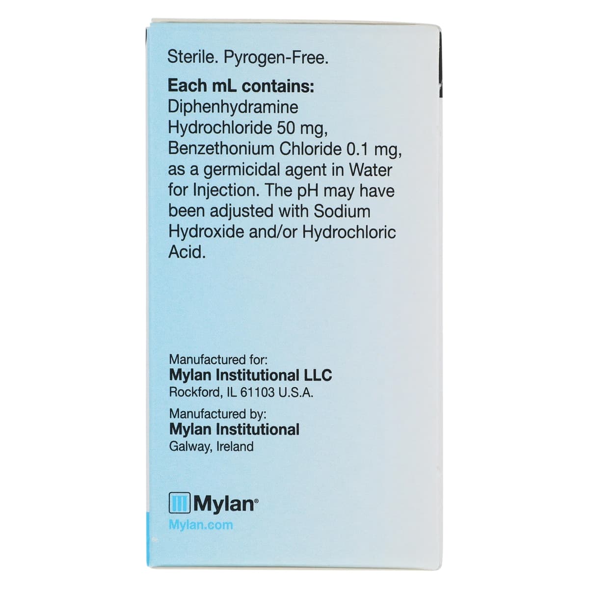 Diphenhydramine HCl Injection 50mg/mL, MDV, 10mL Vial, Mylan Pharmaceuticals thumbnail 7
