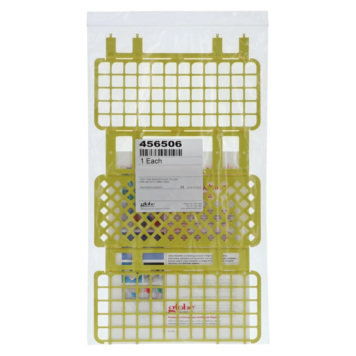 Globe Scientific Snap-N-Rack Test Tube Rack, Polypropylene, 16-17mm, 60-Place, Yellow, Autoclavable, Each thumbnail 2
