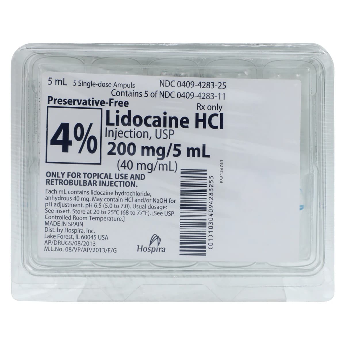 Lidocaine HCl Injection 4% Preservative Free Ampule 5mL, 25/Package thumbnail 4
