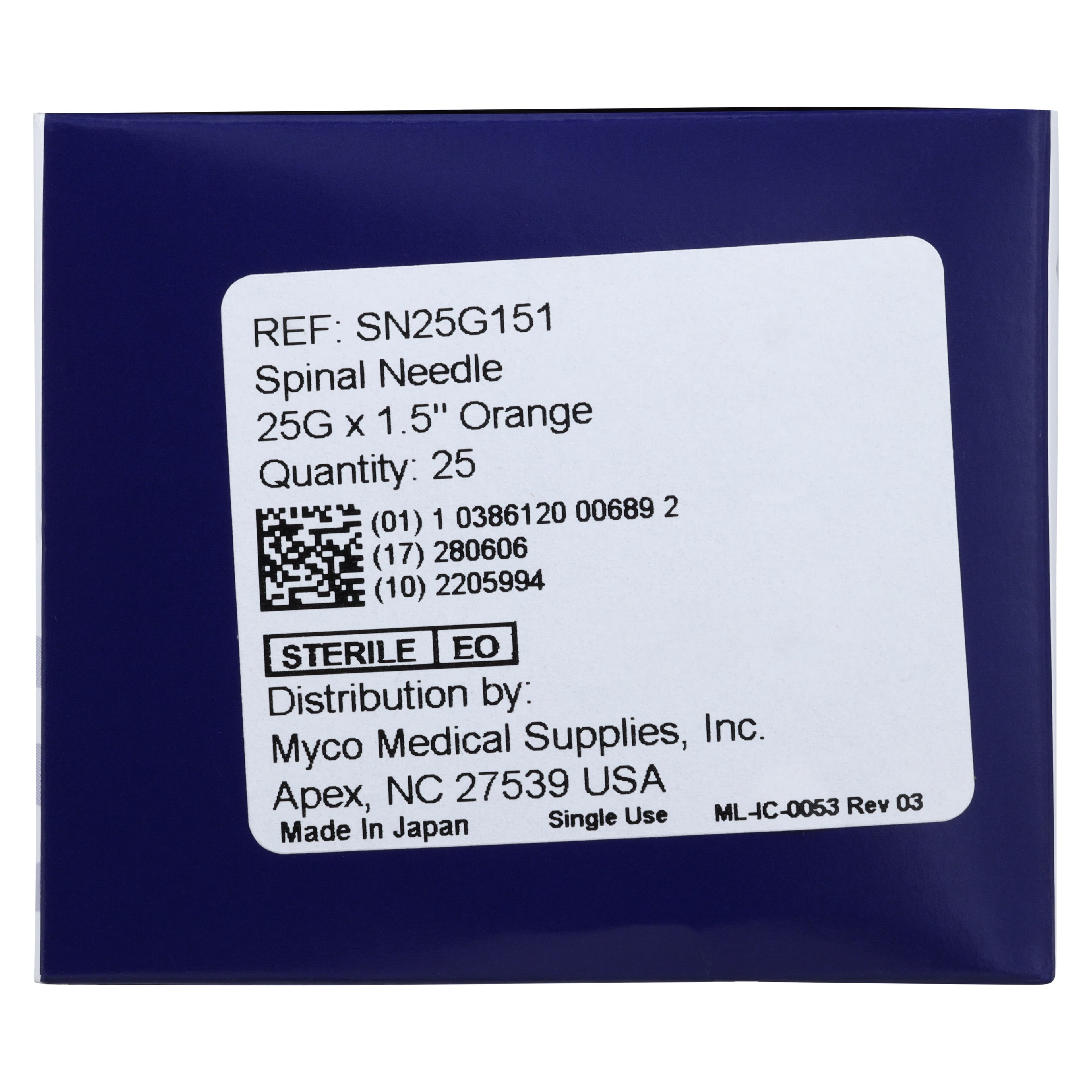 Myco Medical Reli Quincke Point Spinal Needle, 25G x 1-1/2", Sterile, Orange, 25/Bx, SN25G151 thumbnail 4