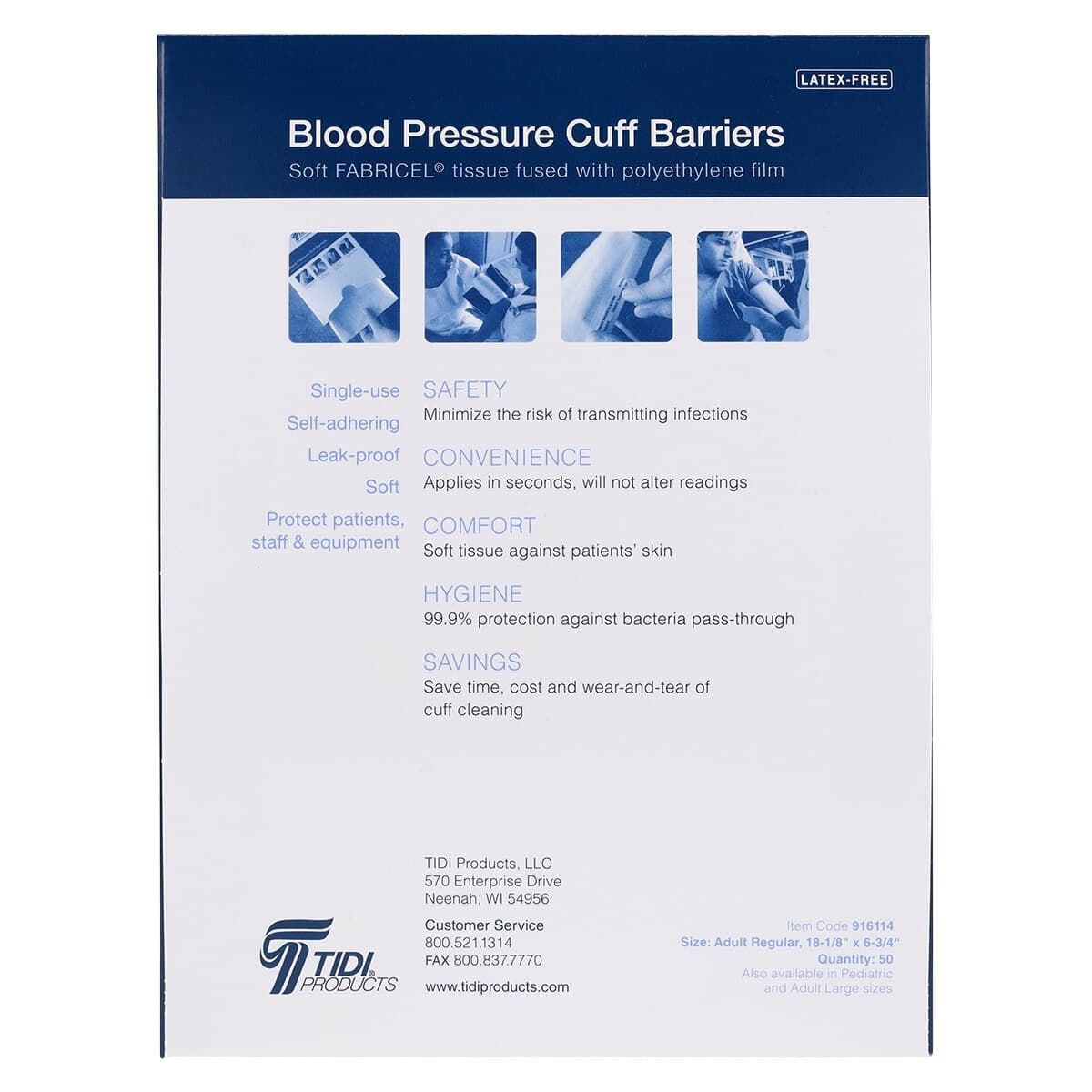 Tidi Products Blood Pressure Cuff Barrier, Fluid Resistant, Latex-Free, Disposable, 18.8 in x 6.75 in, Fabricel/Poly Film, White, 50/Box thumbnail 5