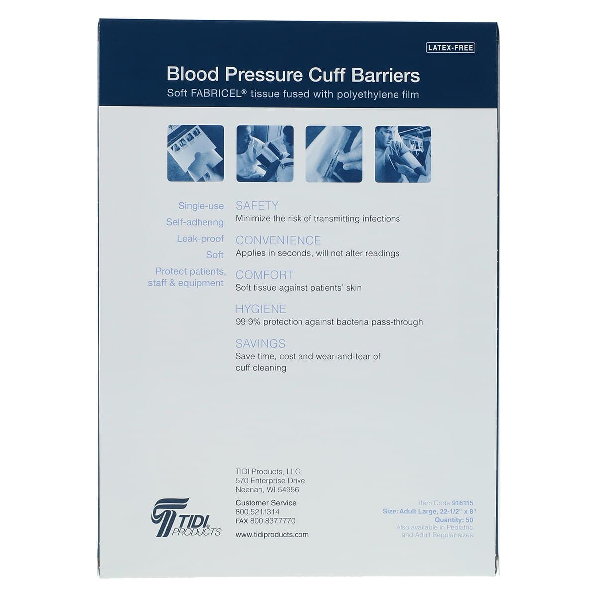 Blood Pressure Cuff Barrier, Large, 22.5 in x 8 in, Latex-Free, Fabricel/Poly Film, White, 50/Box thumbnail 6