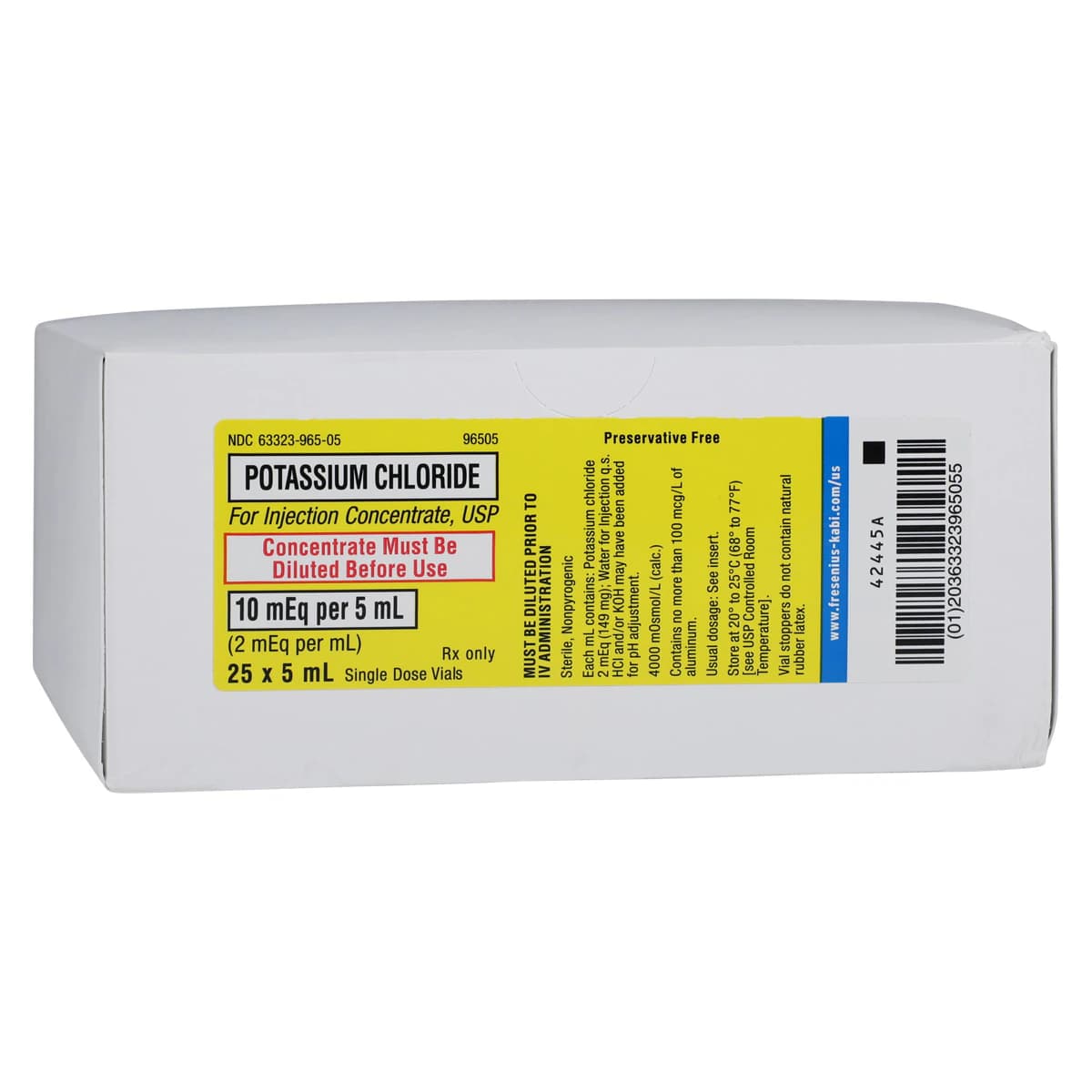 Potassium Chloride Injection, 2 mEq/mL, Preservative-Free, Single-Dose Vial, 5 mL, 25/Package thumbnail 2