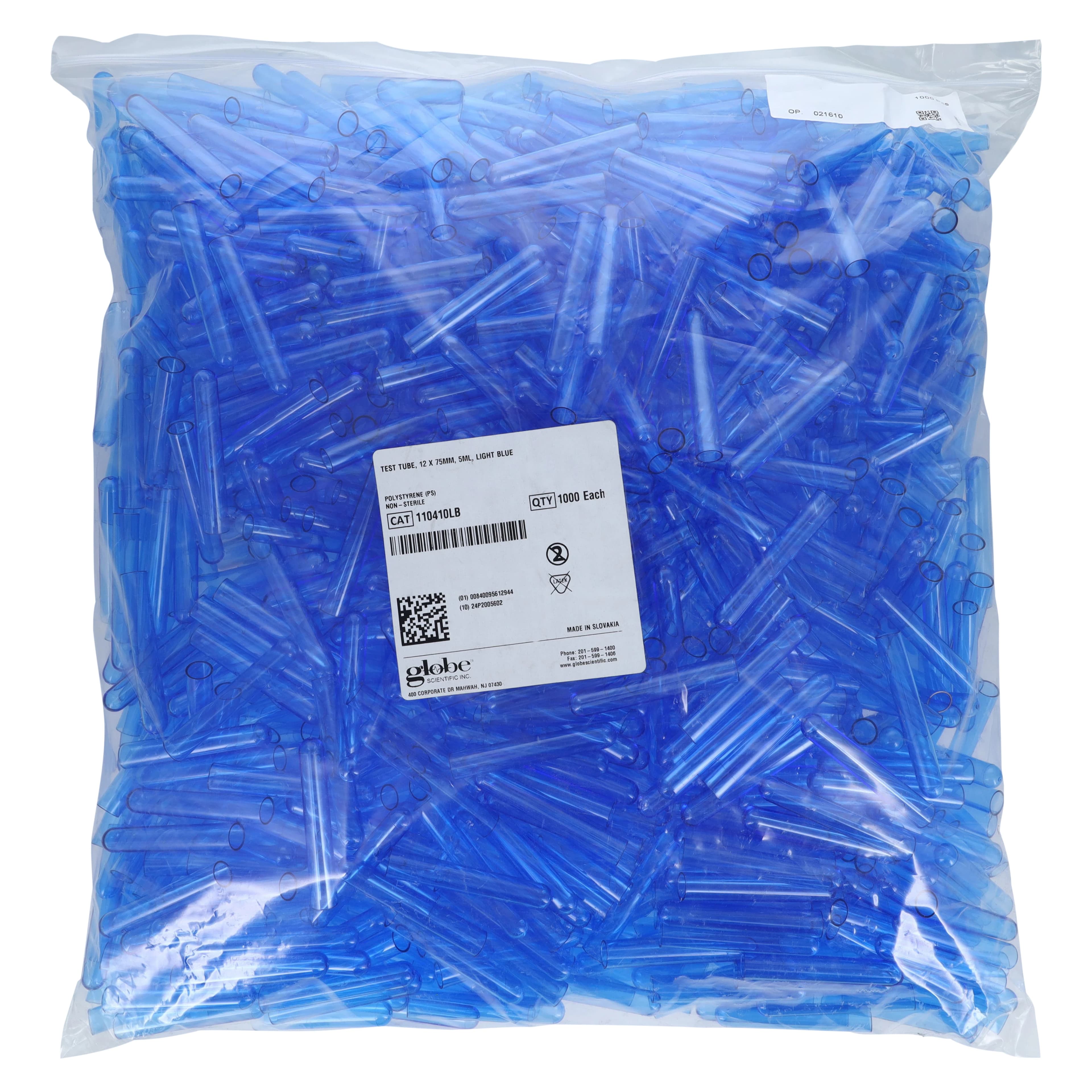 Globe Scientific Polystyrene Test Tube, 5mL, 12x75mm, Round Bottom, Non-Sterile, Light Blue, 1000/Bag thumbnail 4