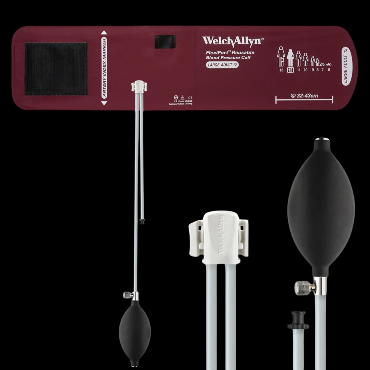 Welch Allyn FlexiPort Blood Pressure Cuff, Adult Large, 2-Tube, Size 12, Burgundy, Latex-Free - Cuff BV Adult Lg 2-Tube - Image 1