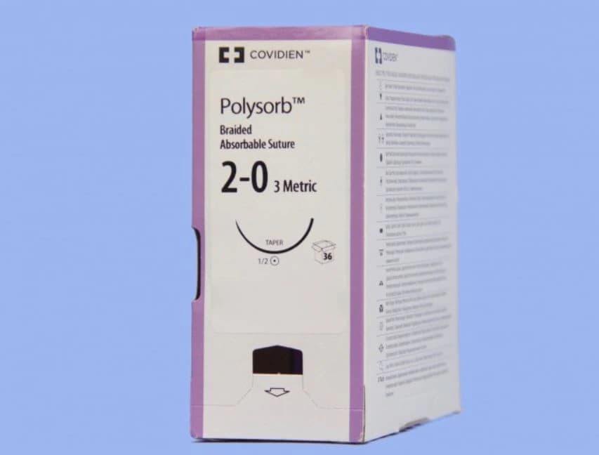 Medtronic Polysorb Suture, 2-0, 30" Polyester Braid, Absorbable, Coated, Undyed, V-20 Taper Point 1/2 Circle Needle 26mm, 36/Case - Suture Polysorb Undyed V-20 - Image 1