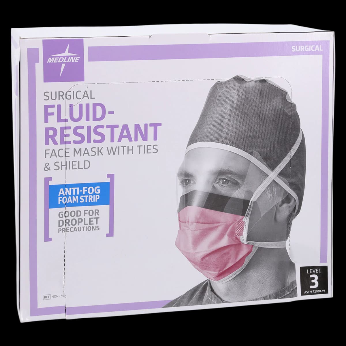 Medline Max X Surgical Combination Mask/Shield, ASTM Level 3, Purple, Disposable, Latex-Free, 100/Case - Mask Surgic Tie FaceShield L3 - Image 1