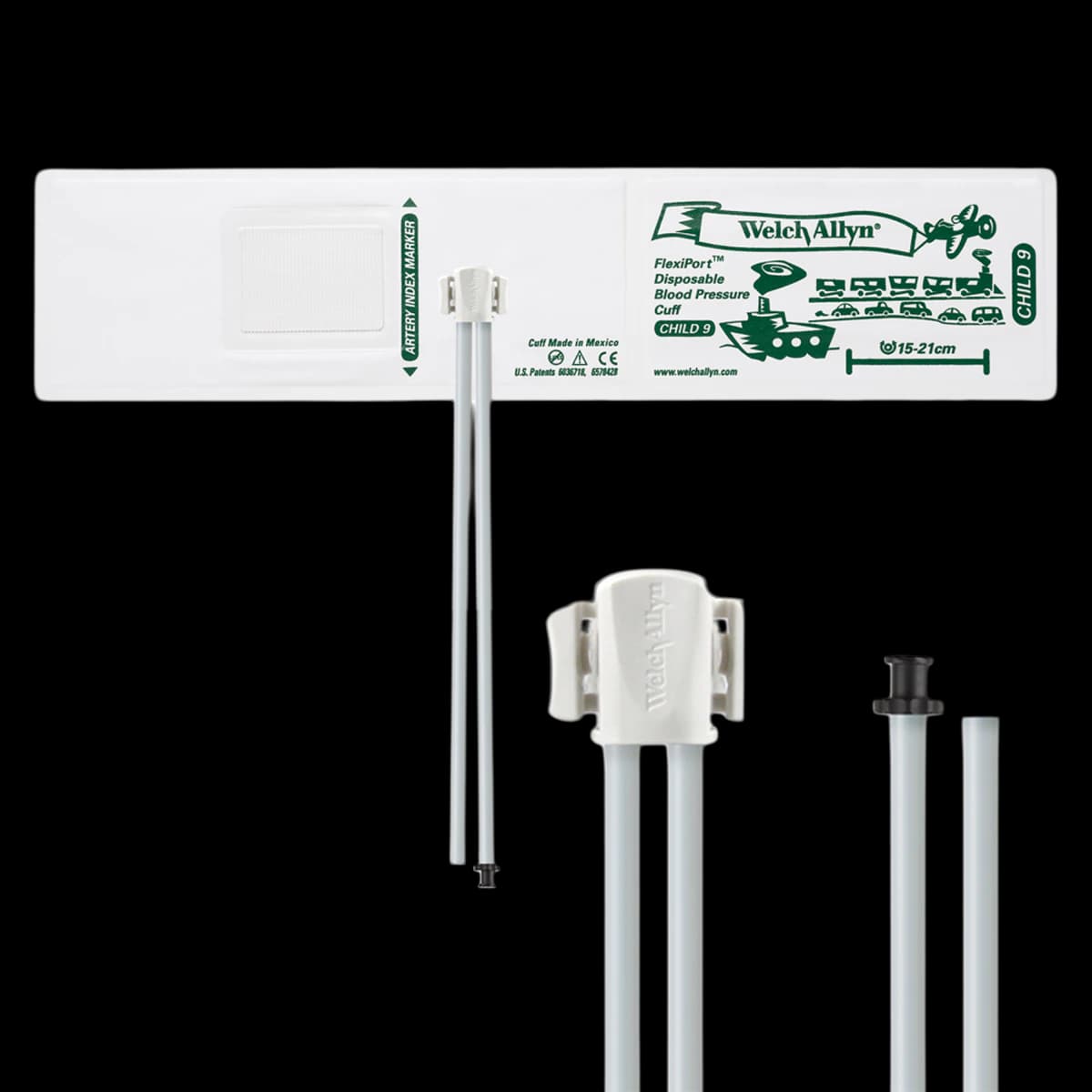 Welch Allyn FlexiPort Blood Pressure Cuff, Child Soft 2-Tube, Size 9, White/Green, Latex-Free, 20/Package - Cuff Child Soft 2-Tube TP - Image 1