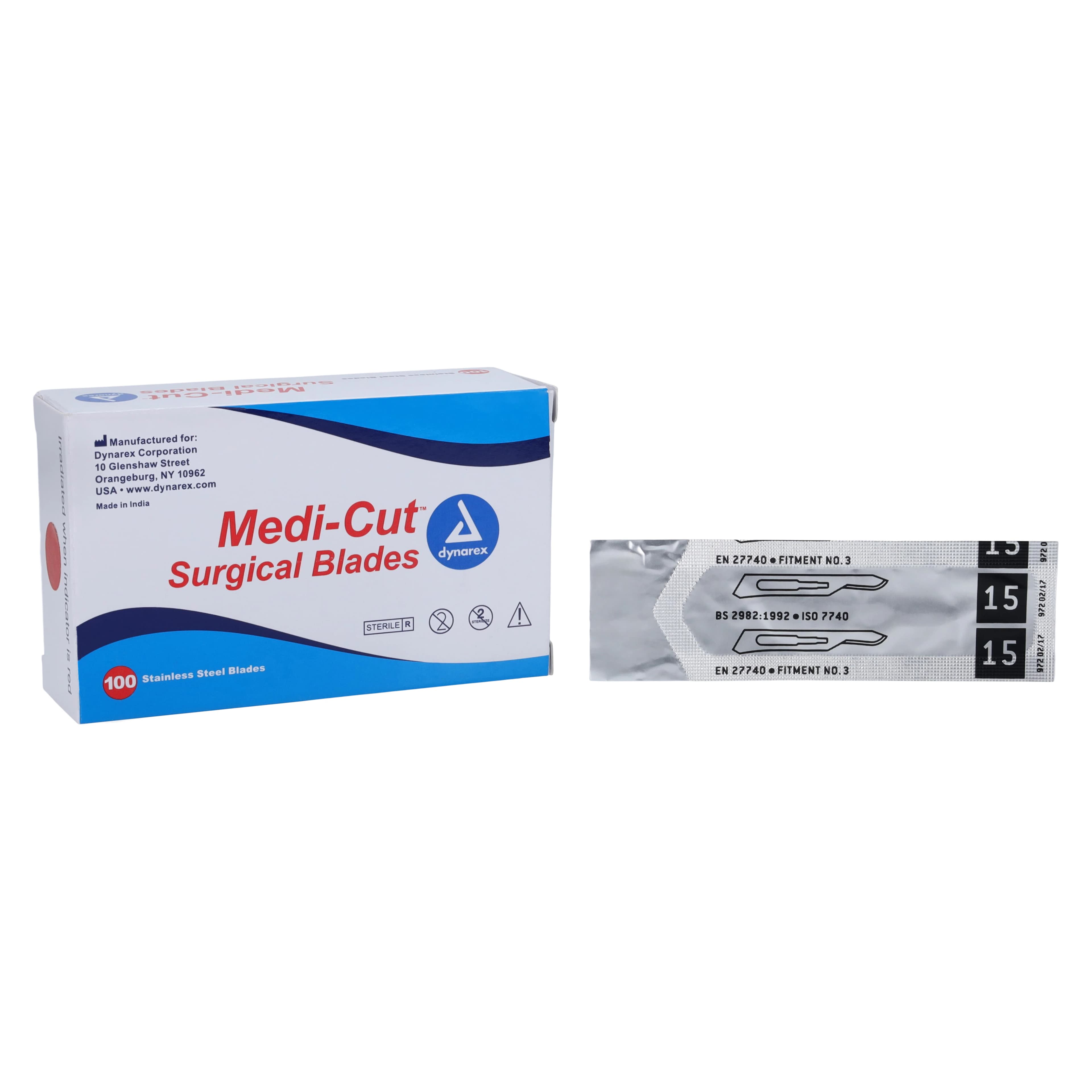 Dynarex Medi-Cut Stainless Steel Sterile Surgical Blade #15, Disposable, 100/Box - Blade Surgical MediCut SS Ster - Image 1