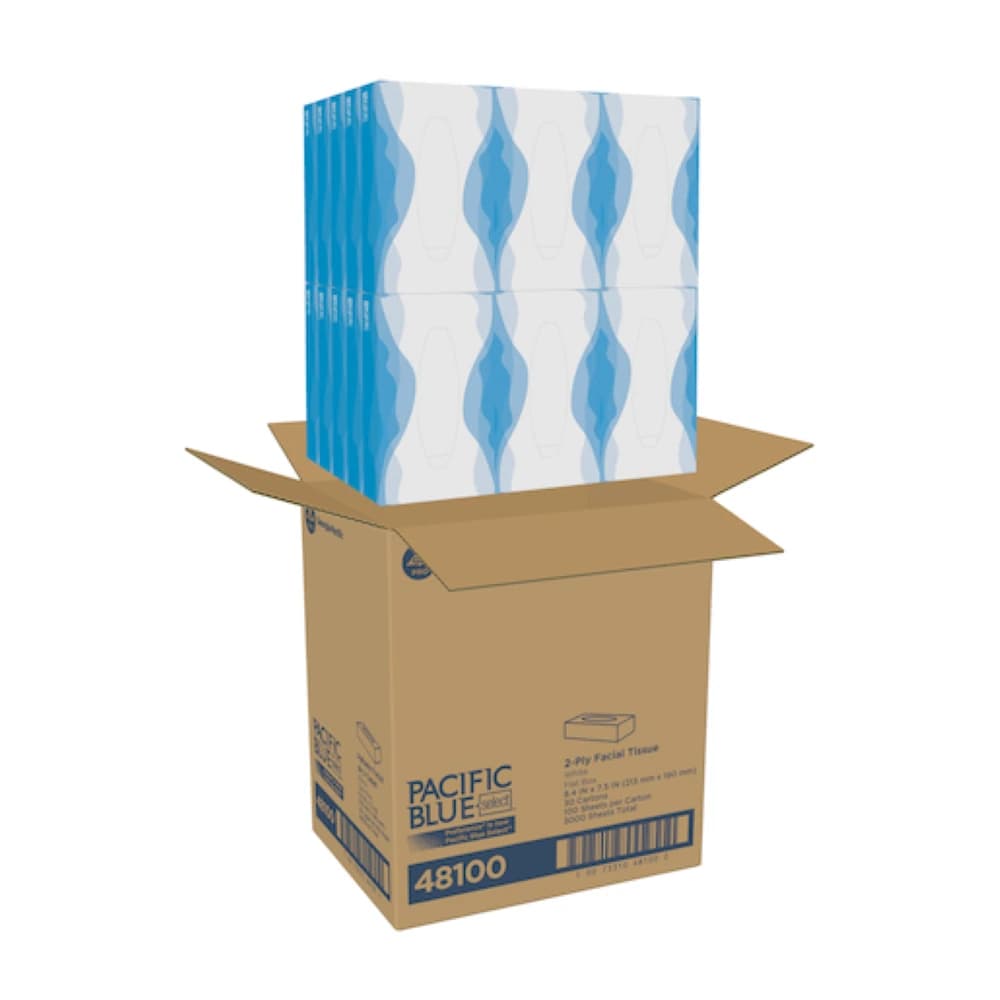 Georgia-Pacific Pacific Blue Select 2-Ply Facial Tissue, 7.5" x 8.4", White, 100 Sheets/Box, 30 Boxes/Case (48100) - Pacific Blue-Select 2-Ply Facial Tissue 7.5x8.4 100/Pk x 30/Case - Image 1