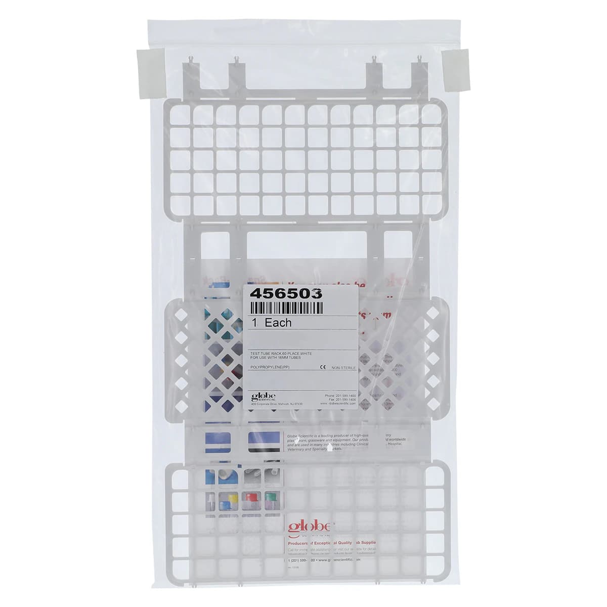 Globe Scientific Snap-N-Rack Test Tube Rack, Polypropylene, 16-17mm, 60-Place, White, Autoclavable thumbnail 2