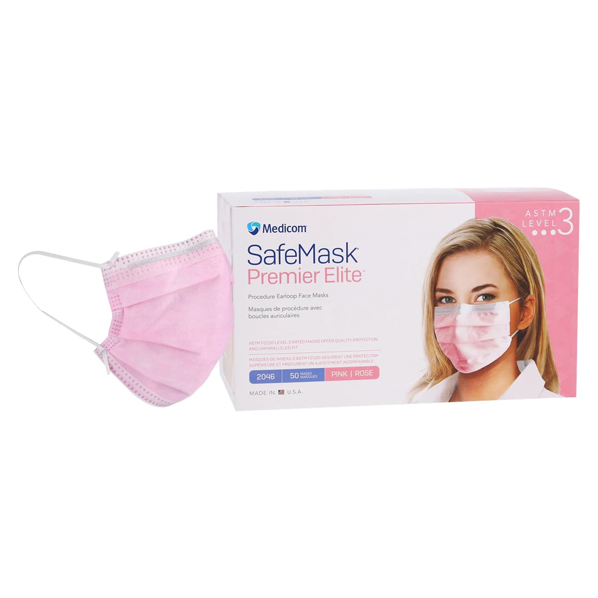 SafeMask Premier Elite ASTM Level 3 Procedure Face Mask, Earloop, Pink, 50/Box, 2046 thumbnail 2