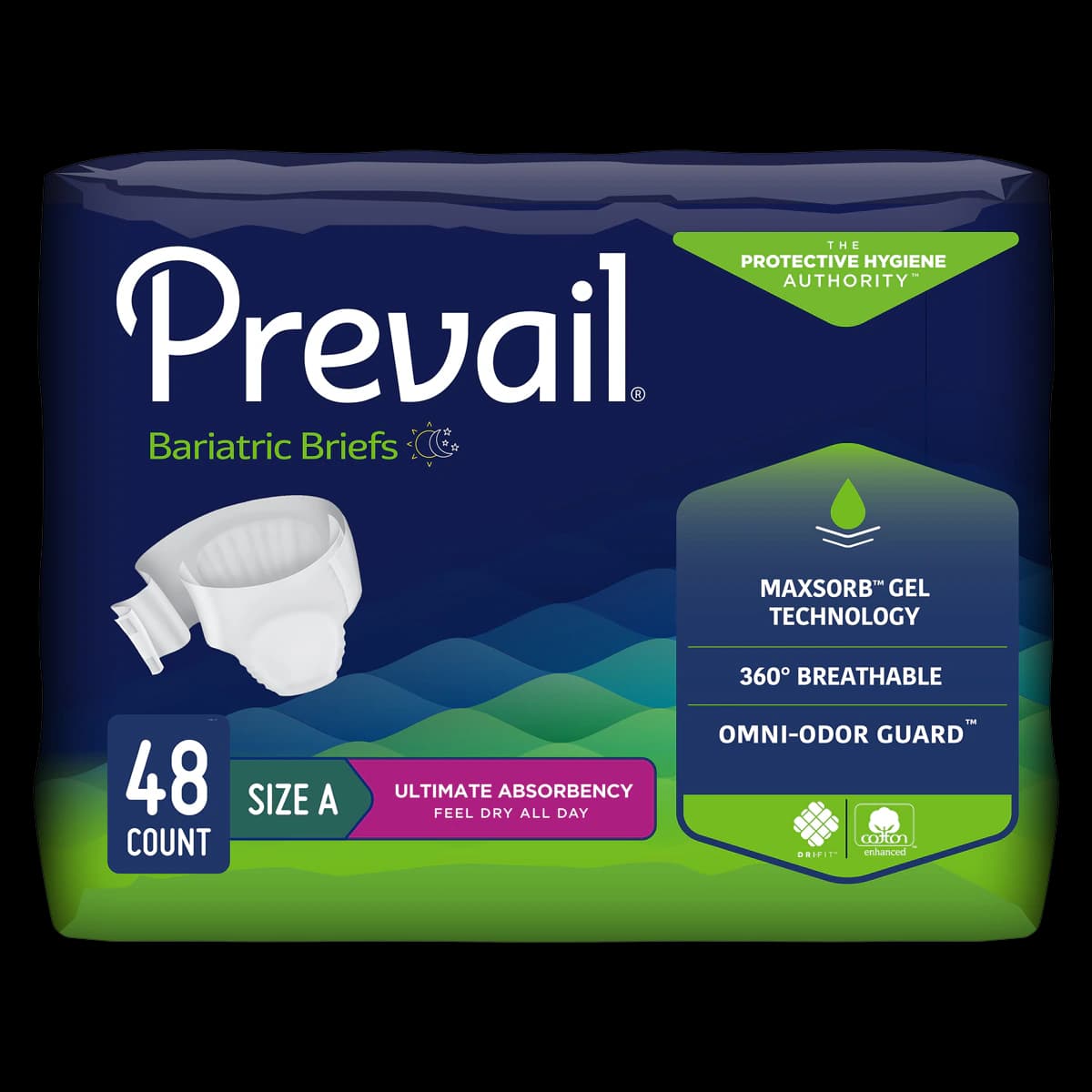 Prevail Incontinence Brief, Unisex, Adult 2XL, 62-73" Waist, Heavy Absorbency, Easy Lock Tabs, Green, 48/Case - Prevail Brief Adult 2XL - Image 1