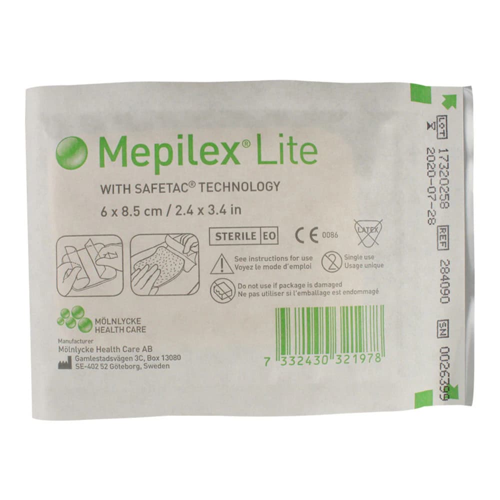Mepilex Lite Foam Wound Dressing, 2.4" x 3.4", Sterile, Adhesive, White, Absorbent, Latex-Free - Mepilex Lite 2.4"X3.4" - Image 1