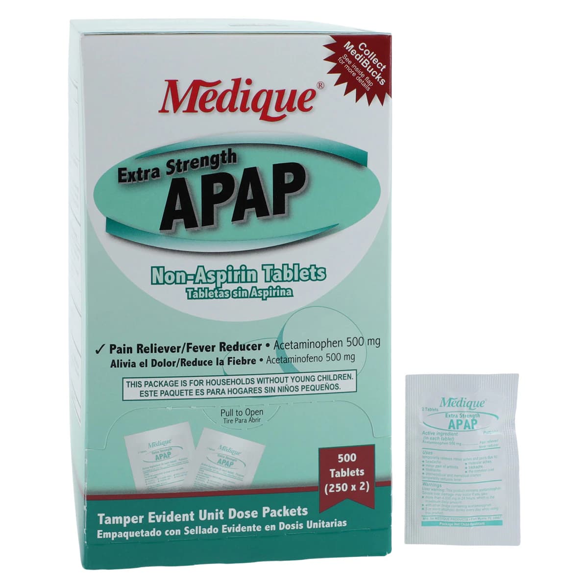 Medique APAP Extra Strength Tablets, 500mg, Pain Reliever/Fever Reducer, 250 Tablets x 2 Boxes - APAP Tabs Extra Strength - Image 1