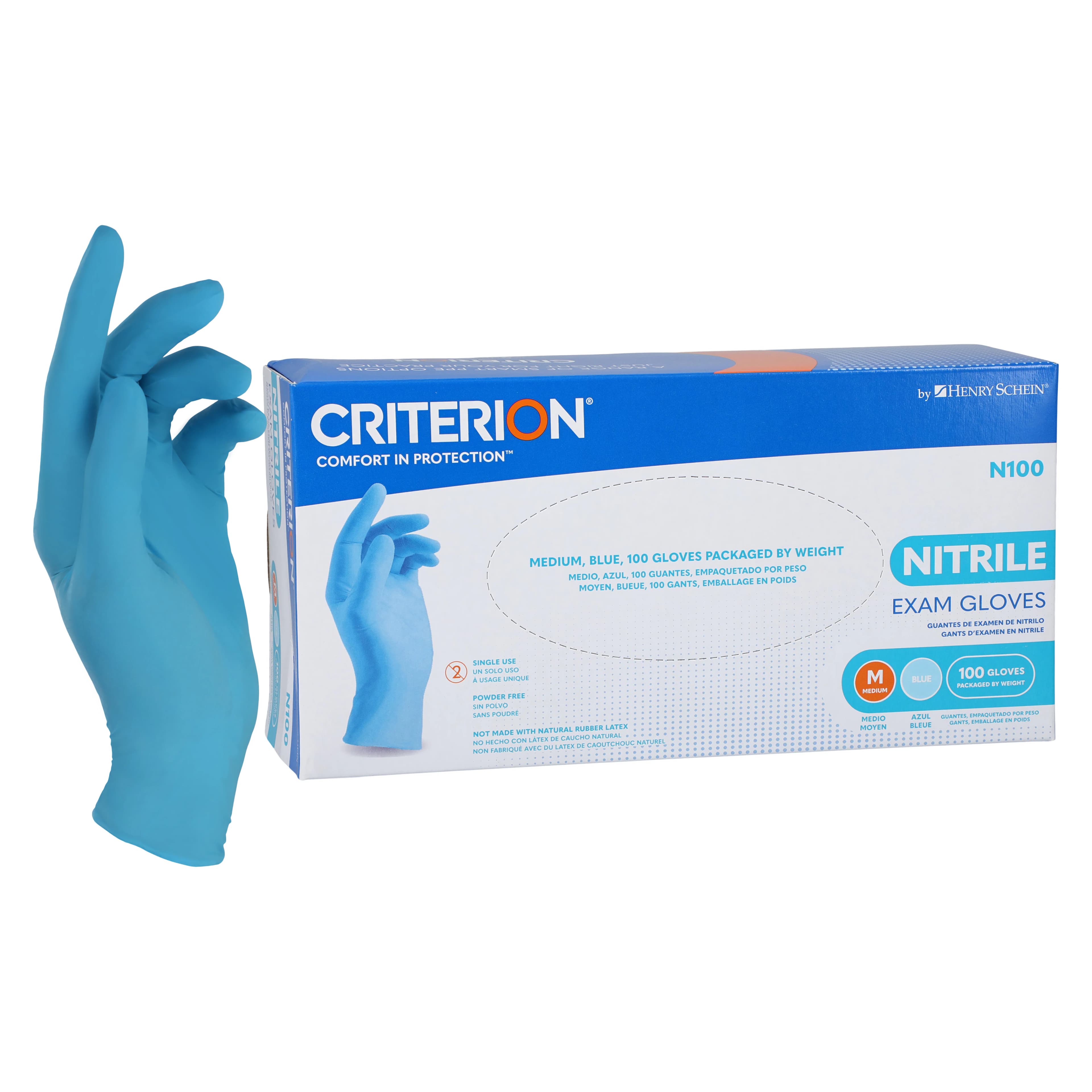 Criterion N100 Nitrile Exam Gloves, Powder Free, Non-Sterile, Medium, Blue, 100/Bx, 1118536 - Criterion Nitrile Exam N100 Gloves - Image 1