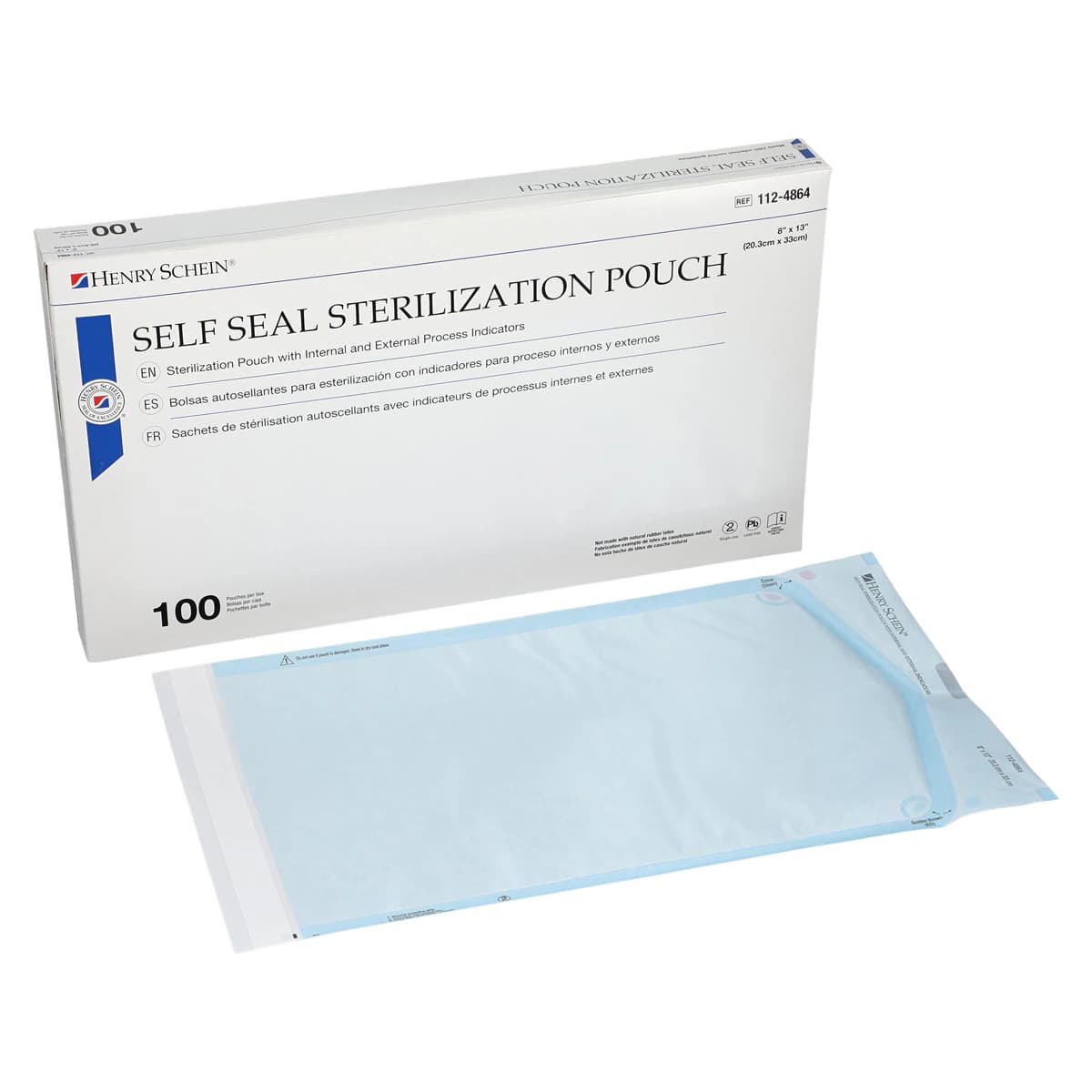 Henry Schein SelfSeal Sterilization Pouches, 8 in x 13 in, Blue/White, Dual Indicators, 100/Box - SelfSeal Sterilization Pouches - Image 1