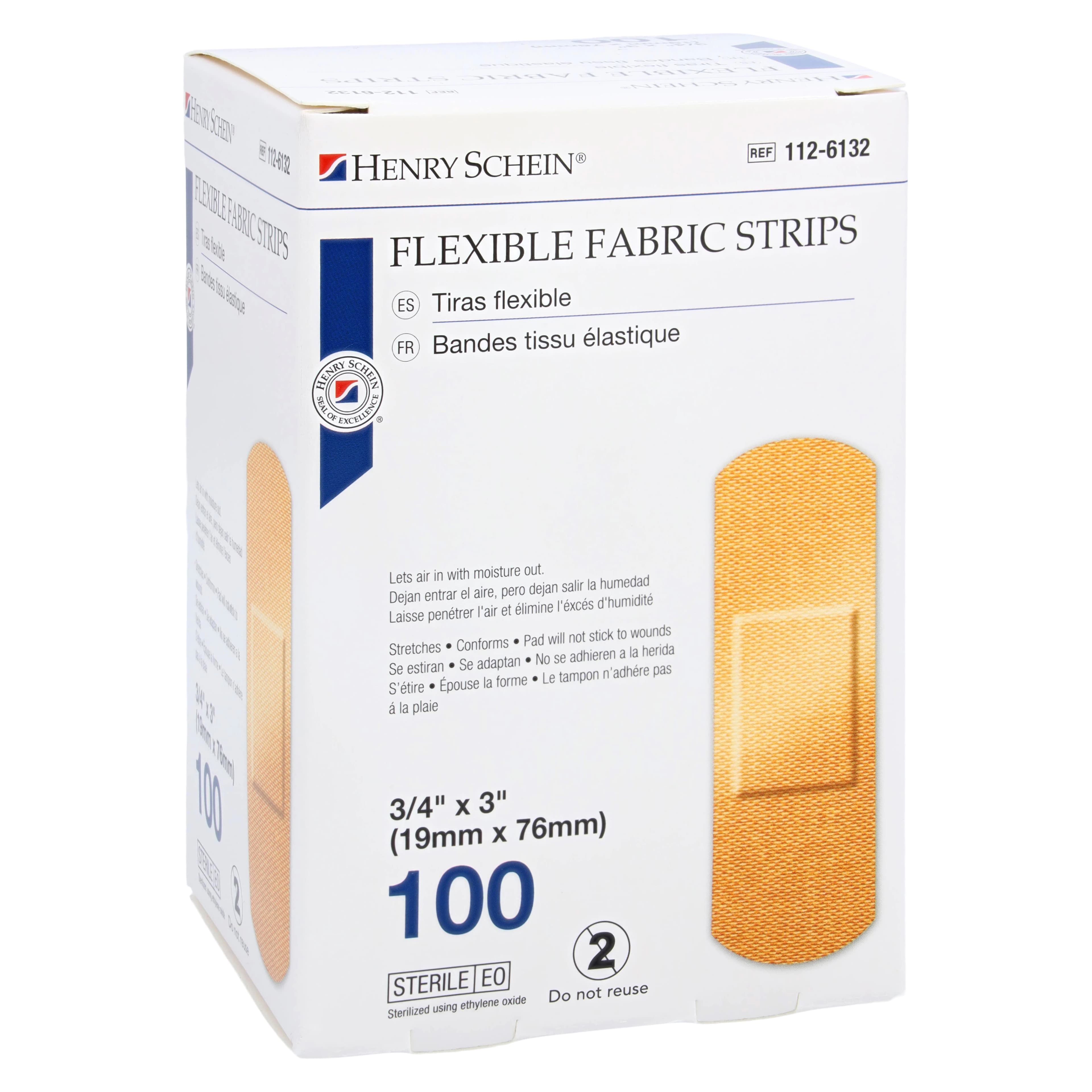 Henry Schein Adhesive Bandage Fabric Strip, 3/4" x 3", Flesh, Sterile, 100/Box - Bandage Adhsv Fabric Strip - Image 1