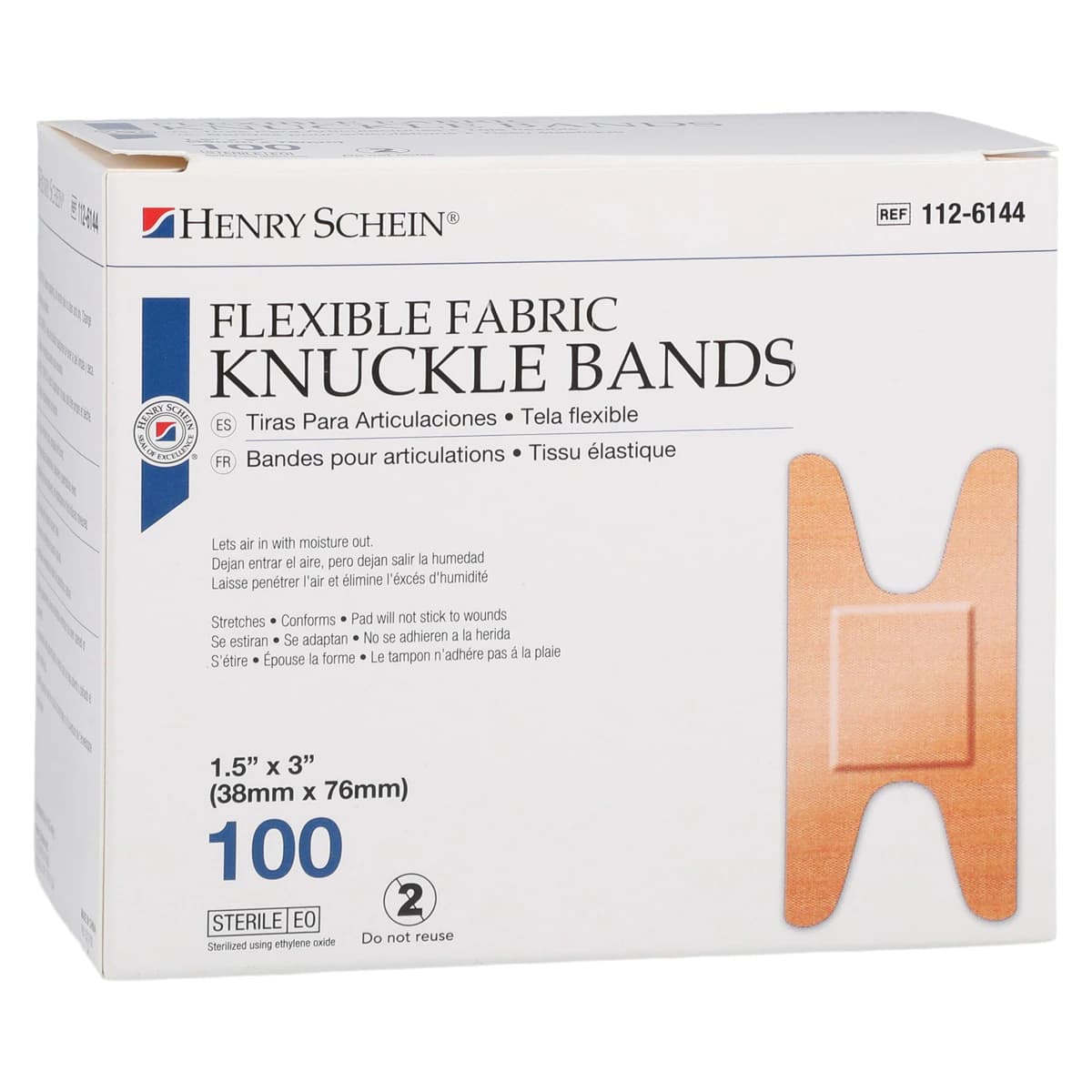 Henry Schein Adhesive Bandage Fabric Knuckle, 1.5" x 3", Flesh, Sterile, 100/Box - Bandage Adhsv Fabric Knuckle - Image 1