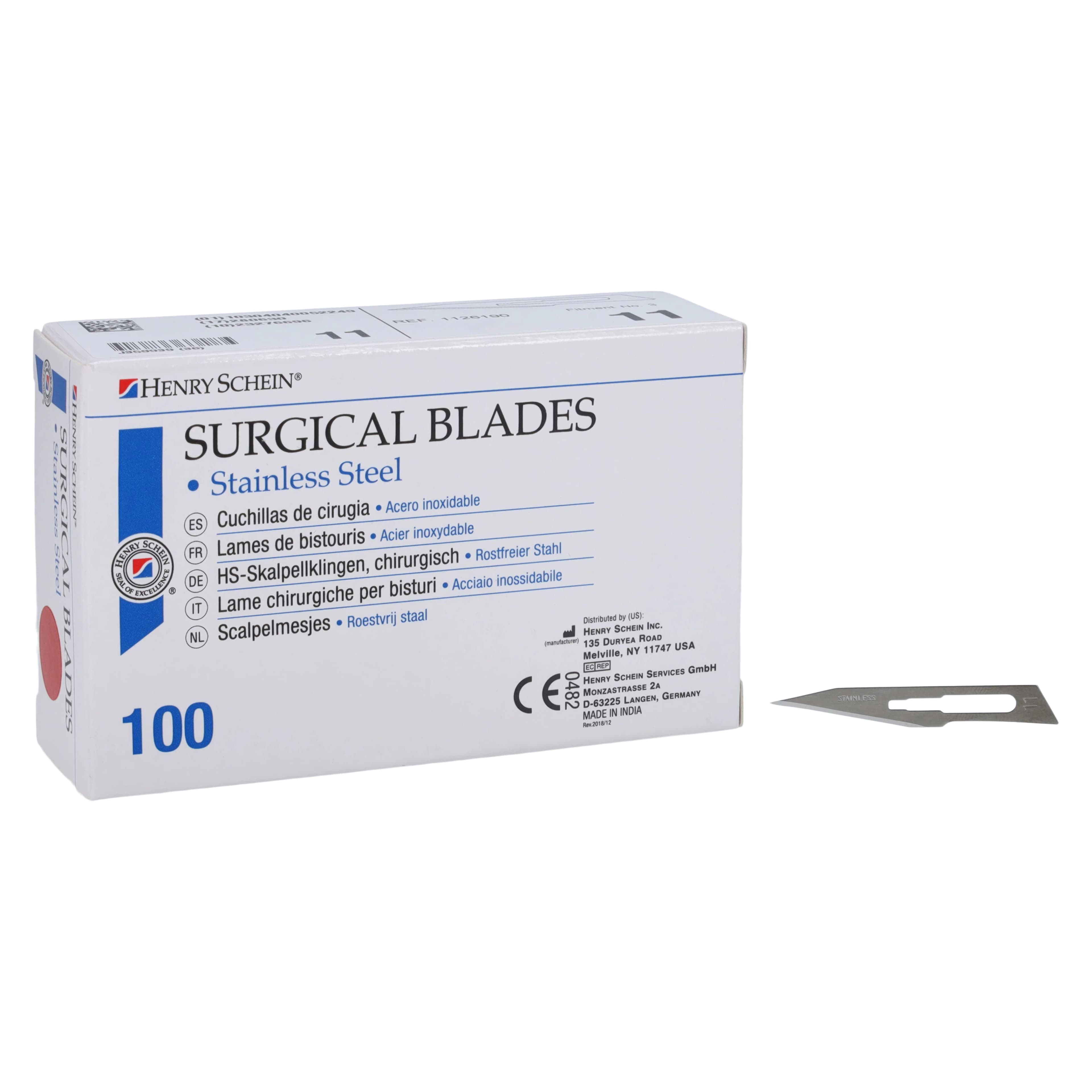 Henry Schein Stainless Steel Sterile Surgical Blade #11, 100/Box - Surgeon Blades SS Sterile - Image 1