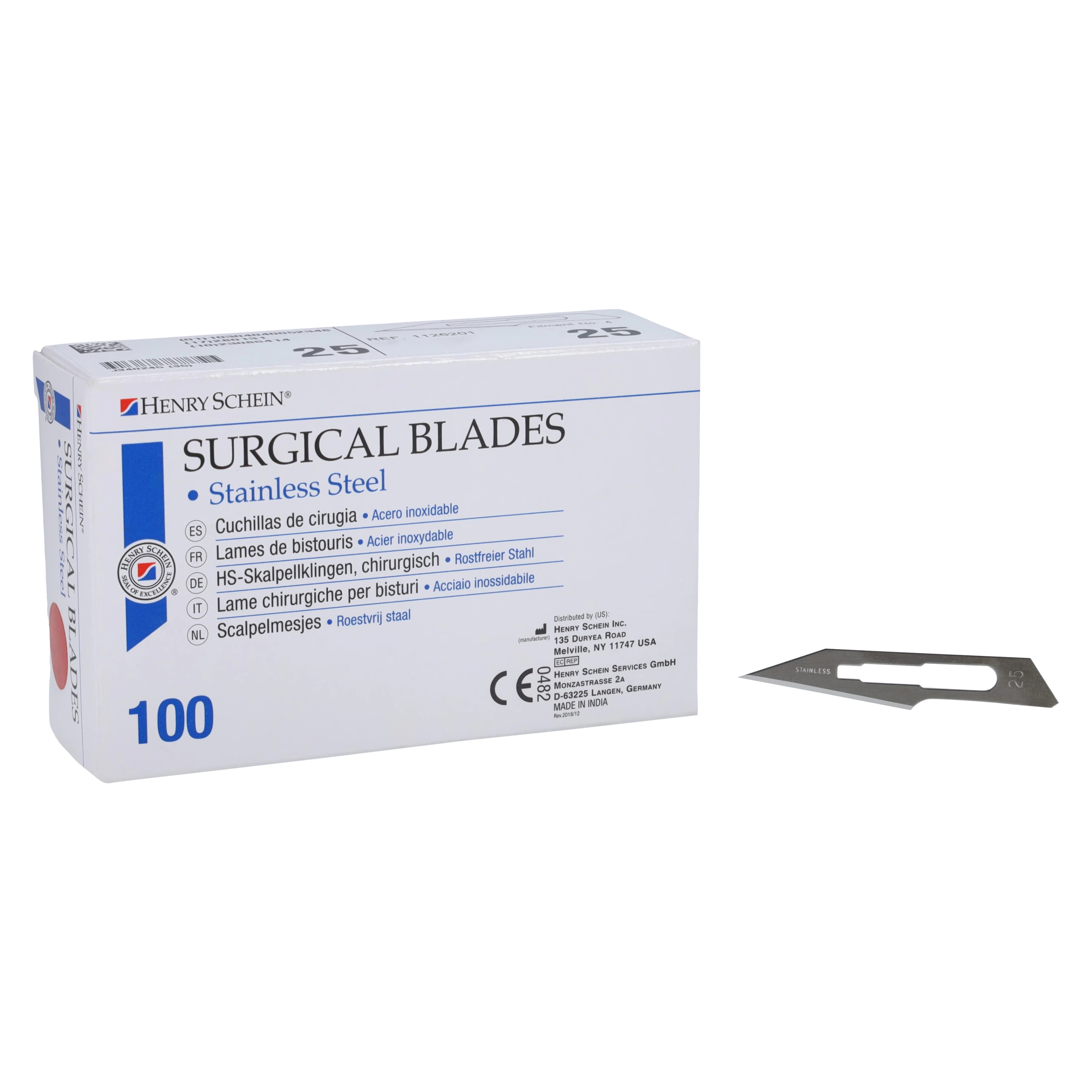 Henry Schein Surgeon Blades, Stainless Steel, Sterile, #25, 100/Bx - Surgeon Blades SS Sterile - Image 1