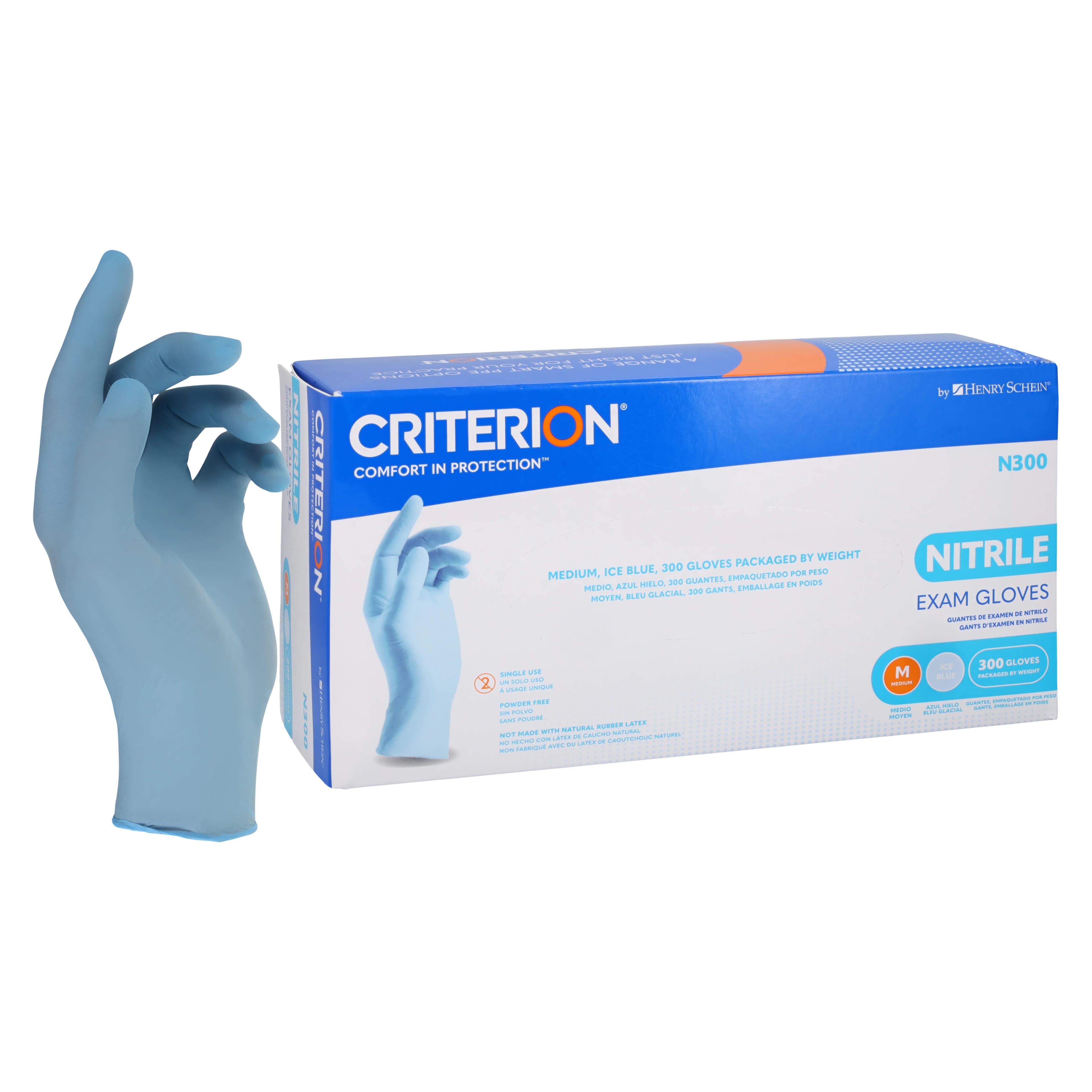 Criterion N300 Nitrile Exam Gloves, Medium, Ice Blue, Non-Sterile, Powder Free, 300/Box - Criterion Nitrile Exam N300 Gloves - Image 1