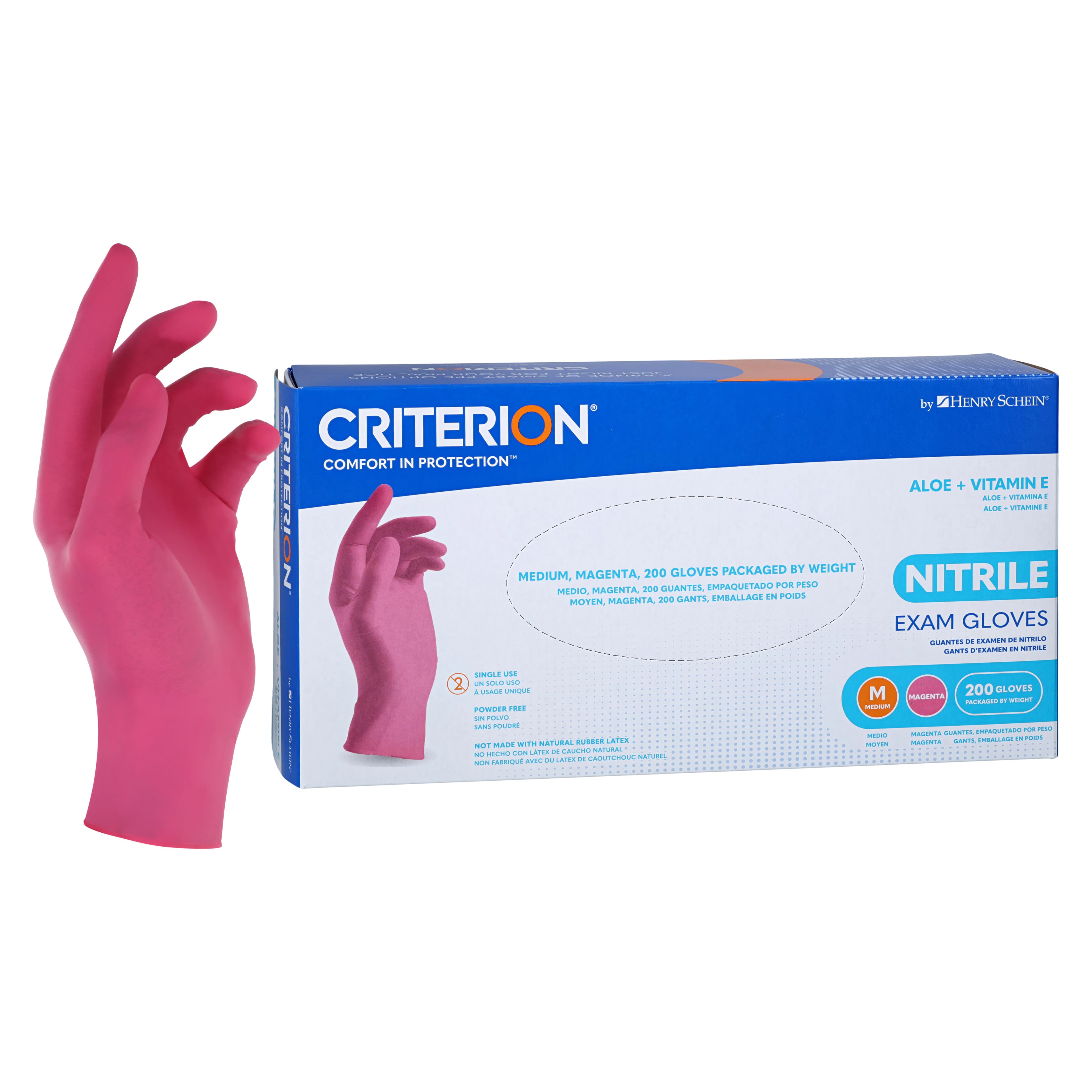 Criterion Nitrile Exam Aloe + Vitamin E Gloves, Powder Free, Non-Sterile, Medium, Magenta, 200/Bx - Criterion Nitrile Exam Aloe + Vitamin E Gloves - Image 1