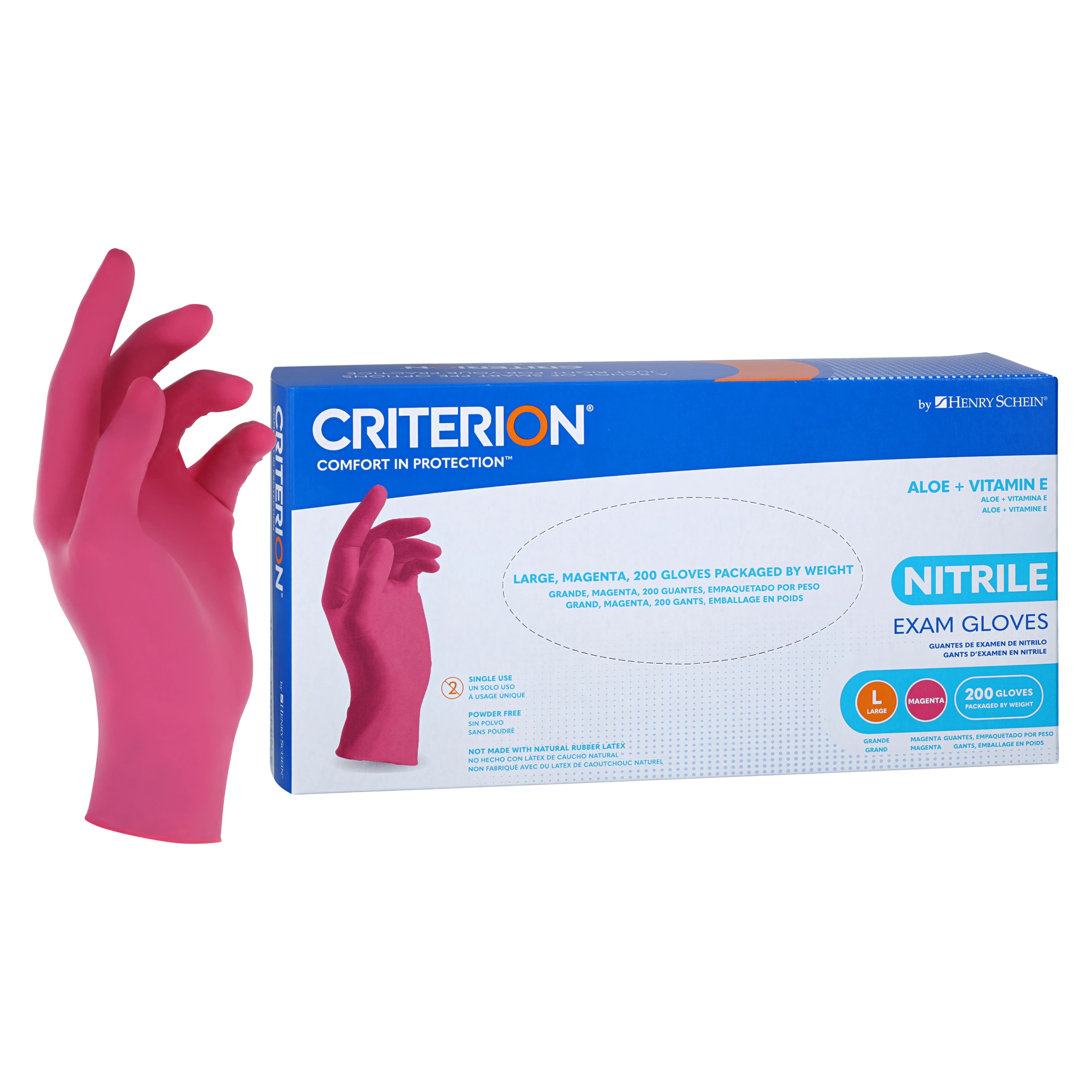 Criterion Nitrile Exam Aloe + Vitamin E Gloves, Large, Magenta, 200/Box - Criterion Nitrile Exam Aloe + Vitamin E Gloves - Image 1