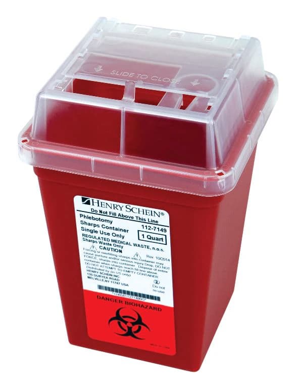 Henry Schein Sharps Container with Sliding Lid, 1 Qt, Red, 4-1/2 x 4-1/2 x 6-3/5", Polypropylene, Reusable - Sharps Container with Sliding Lid - Image 1