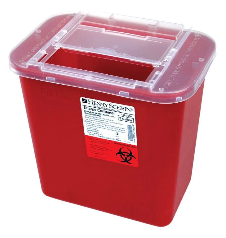Henry Schein Sharps Container with Sliding Lid, 2 Gallon, Red, Polypropylene, 10-3/10" x 7" x 10-1/10" - Sharps Container with Sliding Lid - Image 1