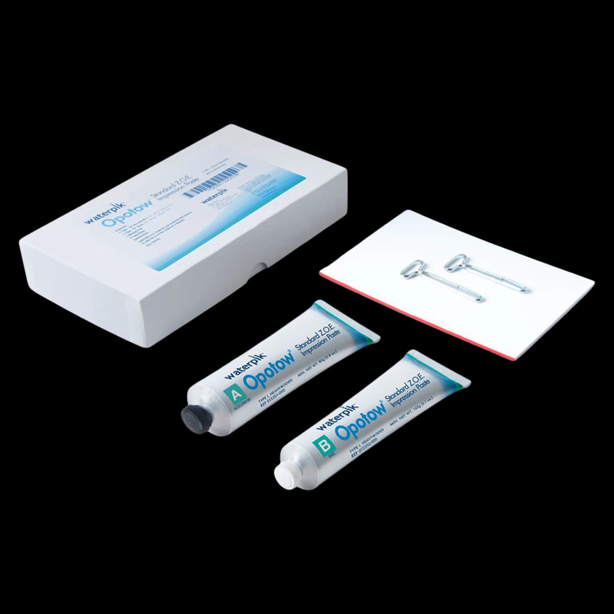 Opotow ZOE Impression Paste Complete Package, Type I Heavy-Bodied, Blue, 7.9 oz (A Hardener 80 g + B Base 65 g), with Mixing Pad and Tube Keys - -Opotow Complete Package Zoe Impression Paste - Image 1