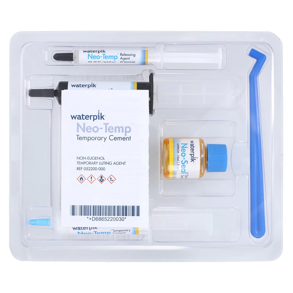Waterpik Neo-Temp™ Resin Cement Kit, Non-Eugenol Temporary Luting Cement, Complete Kit (10 g Base, 10 g Catalyst, 15 ml Dentin Sealant, 1.5 g Releasing Agent, Brushes, Spatulas, Mixing Pad) - Neo-Temp™ Resin Cement Kit - Image 1
