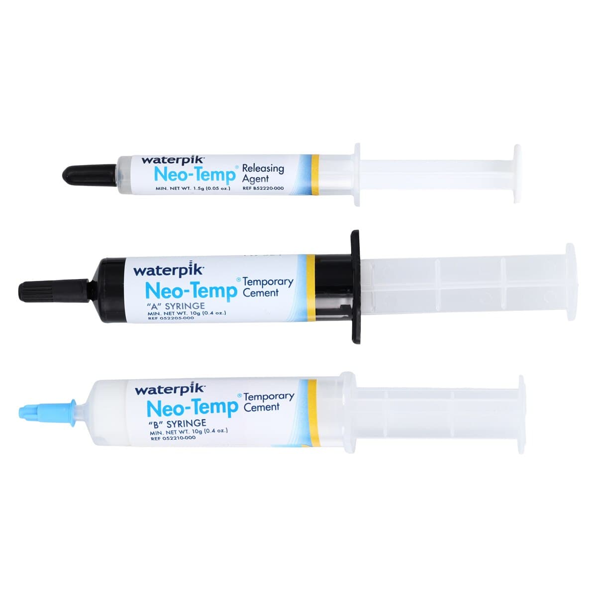 Waterpik Neo-Temp™ Resin Cement Kit, Non-Eugenol Temporary Luting Cement, Complete Kit (10 g Base, 10 g Catalyst, 15 ml Dentin Sealant, 1.5 g Releasing Agent, Brushes, Spatulas, Mixing Pad) thumbnail 5