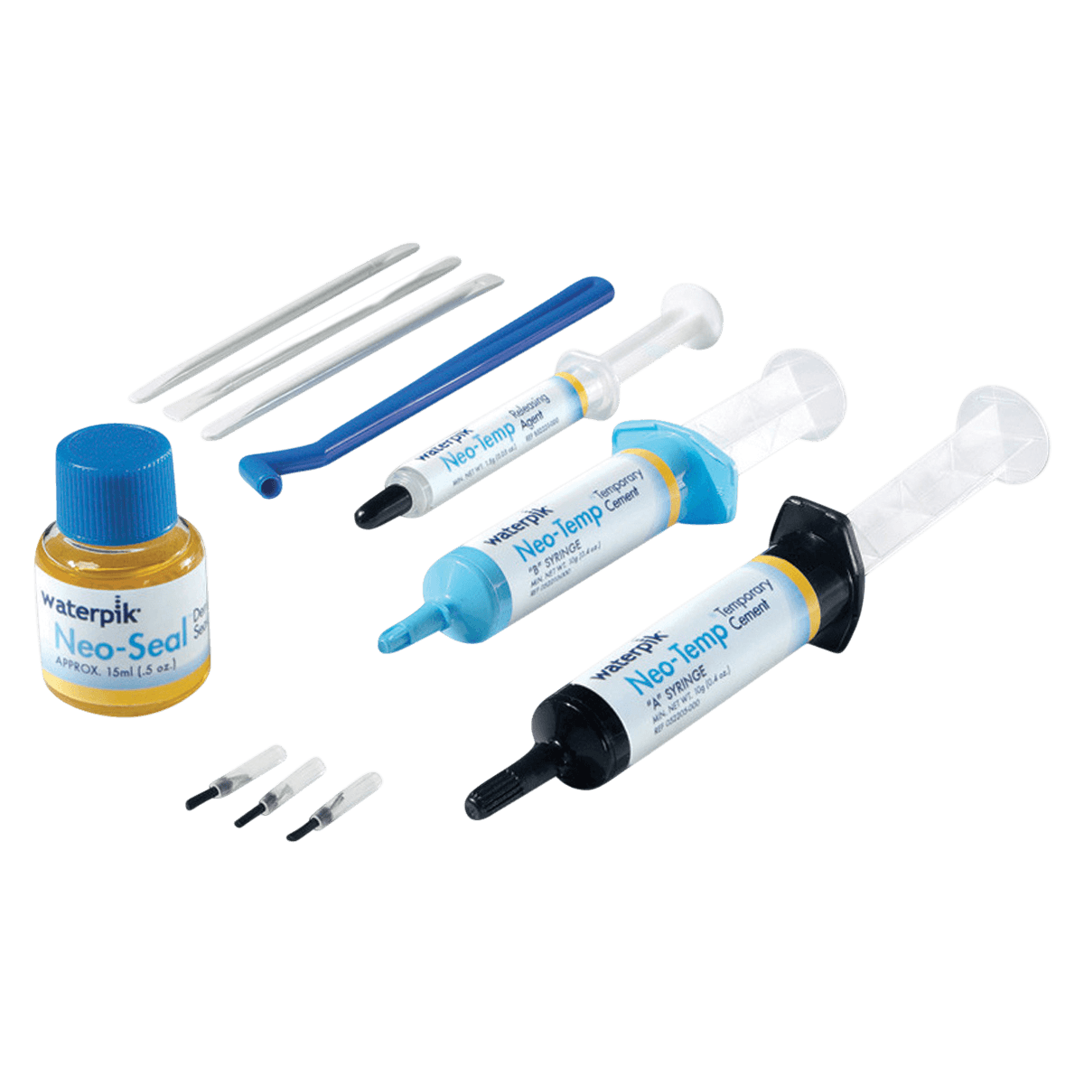 Waterpik Neo-Temp™ Resin Cement Kit, Non-Eugenol Temporary Luting Cement, Complete Kit (10 g Base, 10 g Catalyst, 15 ml Dentin Sealant, 1.5 g Releasing Agent, Brushes, Spatulas, Mixing Pad) thumbnail 2