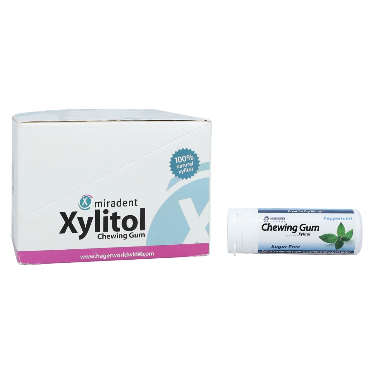 Miradent Xylitol Gum, Peppermint, 30 Pieces per Tube, 12 Tubes per Box thumbnail 2