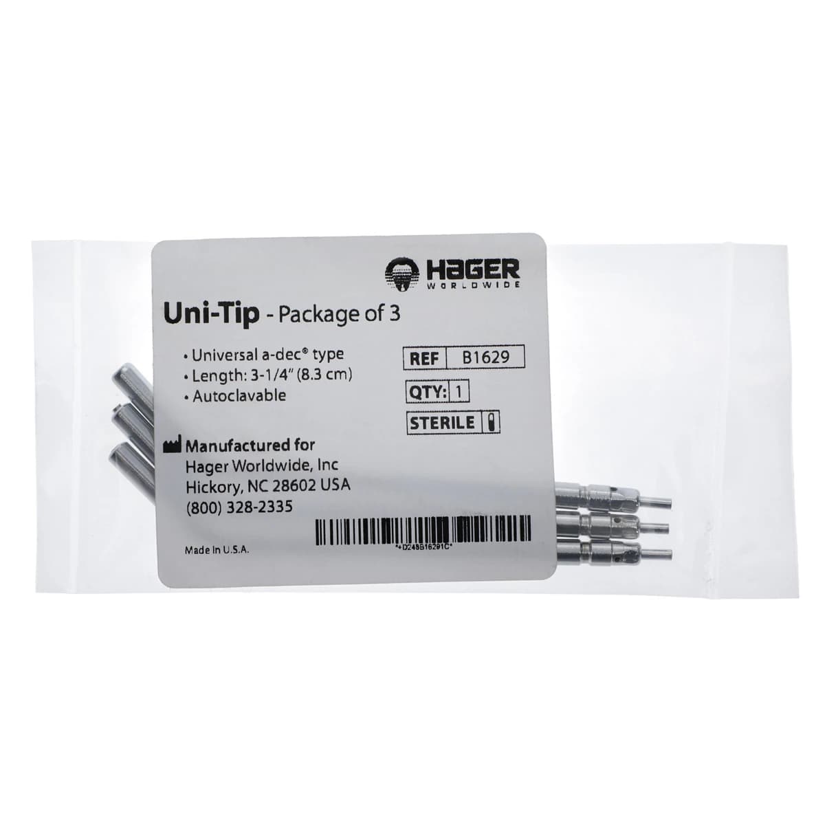 Hager Worldwide Uni-Tip Autoclavable Air/Water Syringe Tips, Universal/A-dec Type, 3-1/4" (8mm), Stainless Steel, 3/Pk, B1629 - Hager - Universal/A-Dec Type, Length: 3-1/4' 3Pk - Image 1