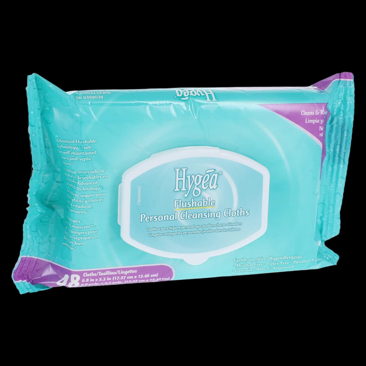 PDI Hygea Flushable Personal Cleansing Cloths, Aloe & Vitamin E, Light Fresh Scent, 5.3" x 6.8", 48/Pk, A500F48 - PDI HYGEA FLUSHABLE PERSONAL CLEANSING CLOTHS A500F48 - Image 1
