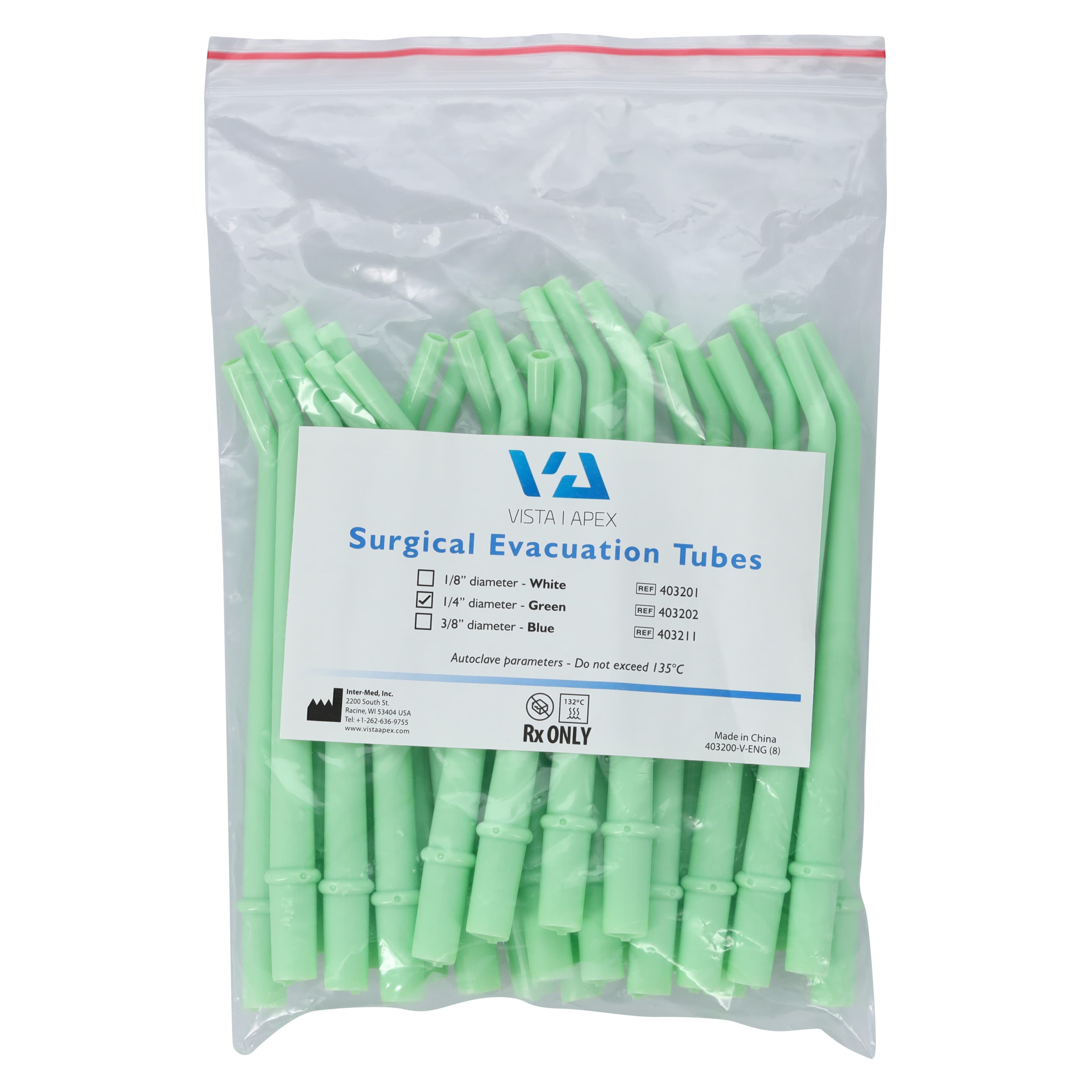 Vista Apex Surgical Evacuation Tubes, Green, 1/4" Diameter, 6" Length, Pre-Bent 30°, 25/Bag, #403202 thumbnail 3