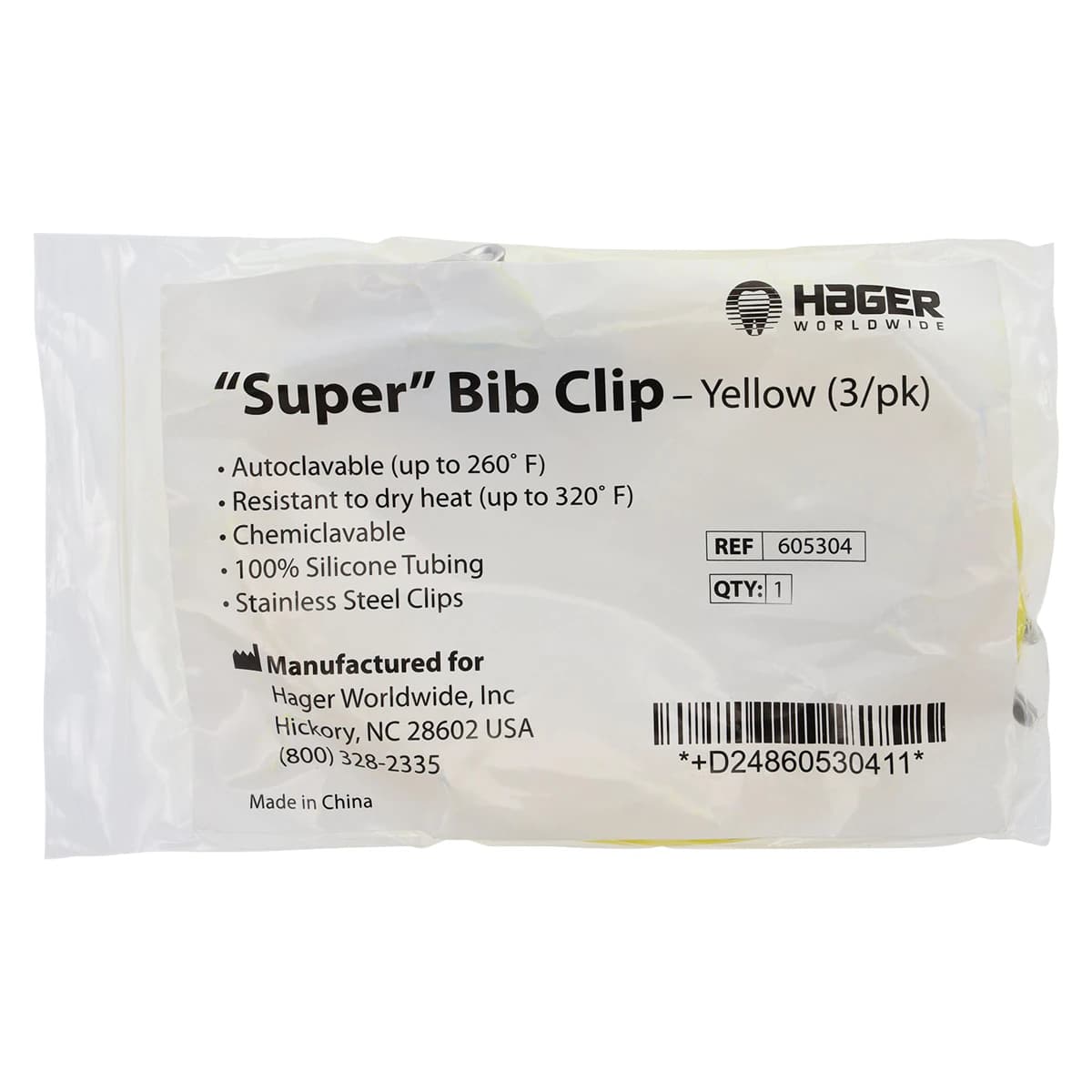 Hager Super Bib Clip, Yellow, 3/Pk, 14" Length, Autoclavable, 605304 - Super Bib Clip 3/Pk Yellow, 605304 - Image 1