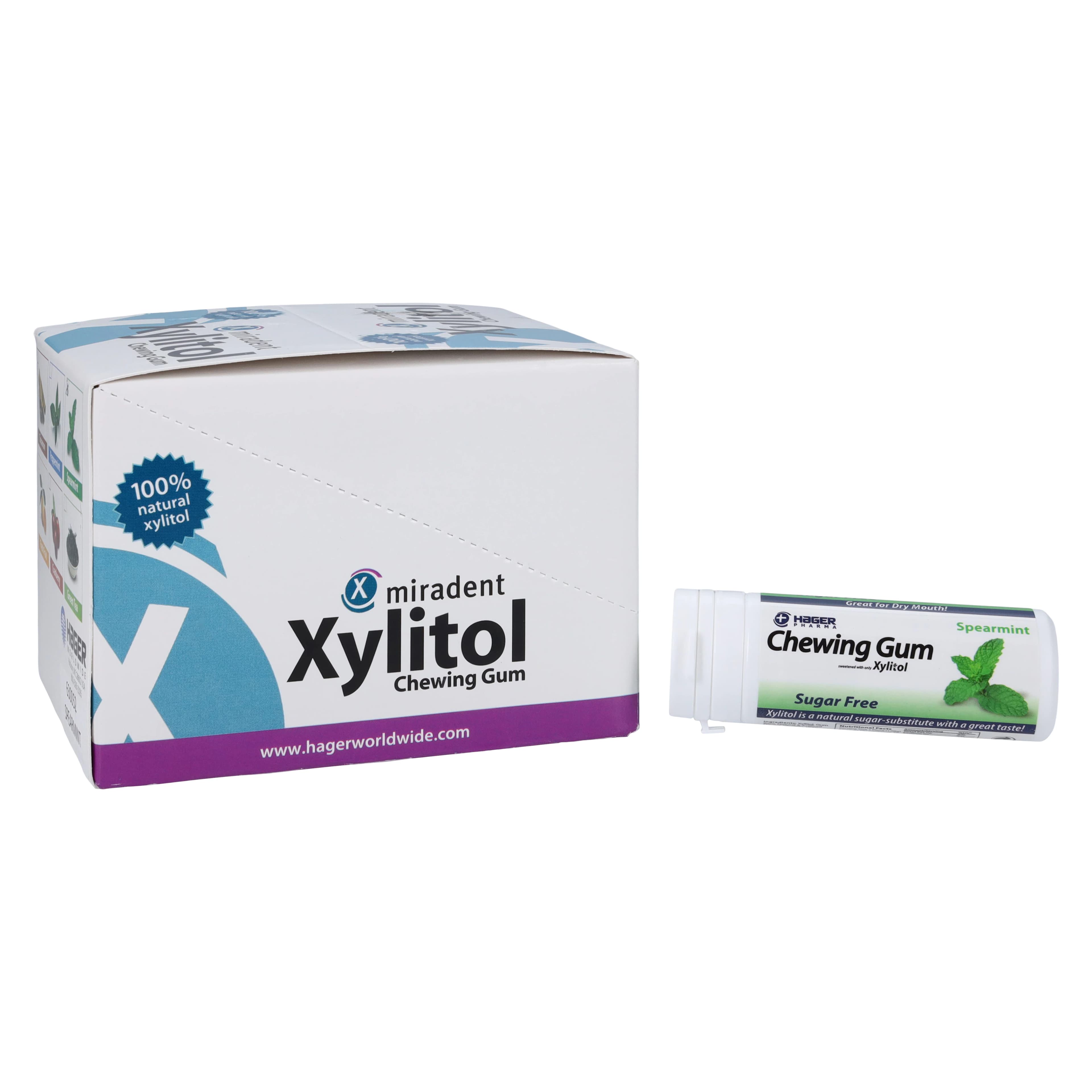 Miradent Xylitol Gum, Spearmint, 30 Pieces per Tube, 12 Tubes per Box thumbnail 2
