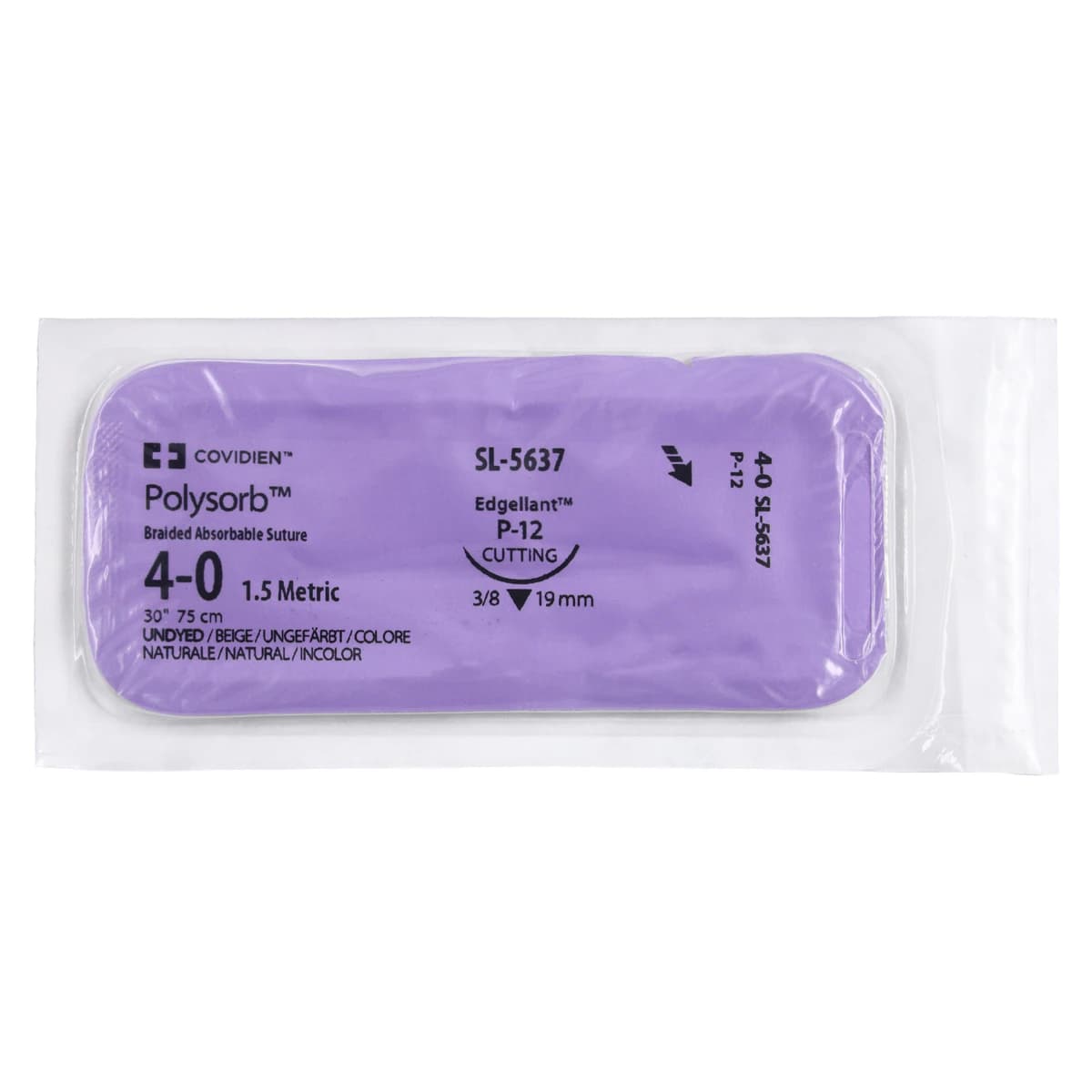 Medtronic Polysorb Absorbable Suture, 4-0, 30", P-12 Premium Reverse Cutting 3/8 Circle Needle 19mm, Coated Undyed, 36/Case thumbnail 3