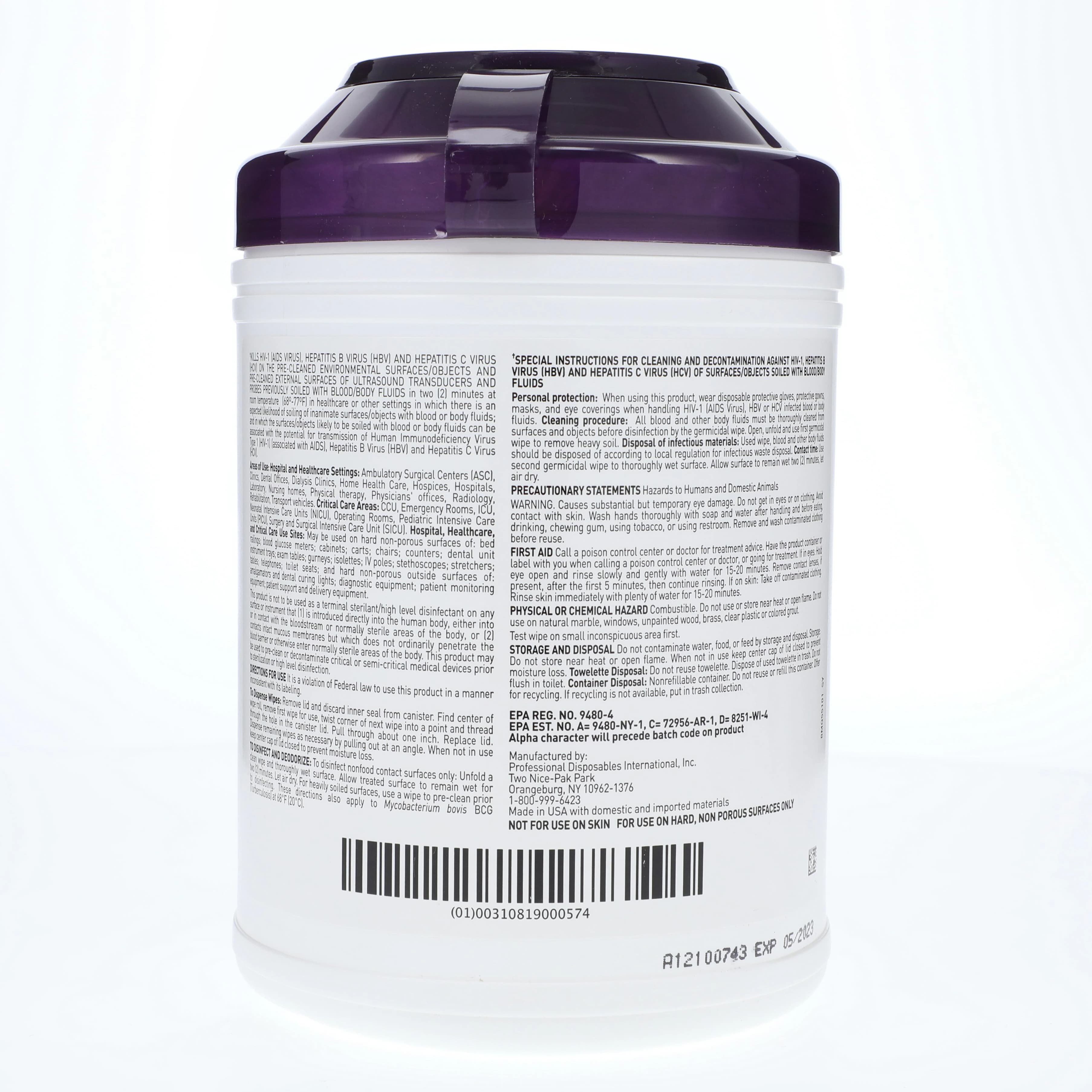 PDI Super Sani-Cloth Germicidal Disposable Wipes, Large, 6 in x 6.75 in, 160/Canister thumbnail 2