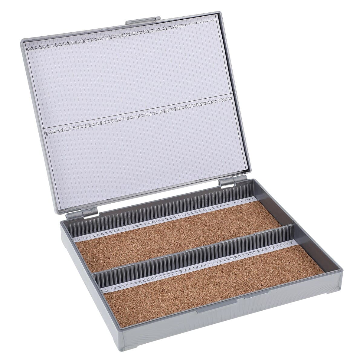Globe Scientific Microscope Slide Storage Box, 100 Position, Gray, Hinged Lid, Cork Lined, Each thumbnail 2