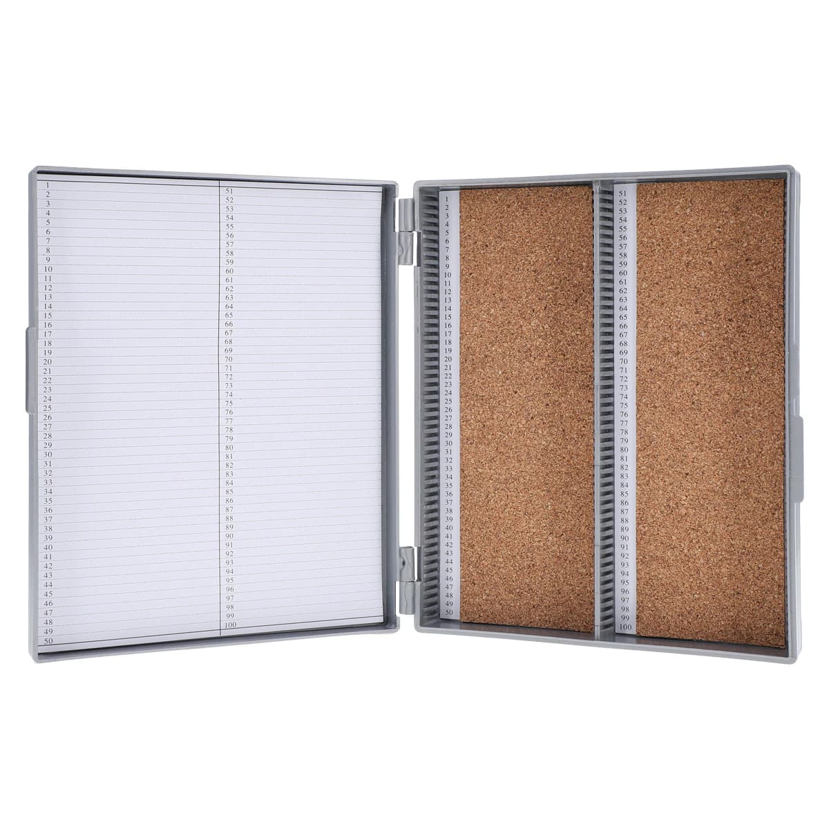 Globe Scientific Microscope Slide Storage Box, 100 Position, Gray, Hinged Lid, Cork Lined, Each thumbnail 4