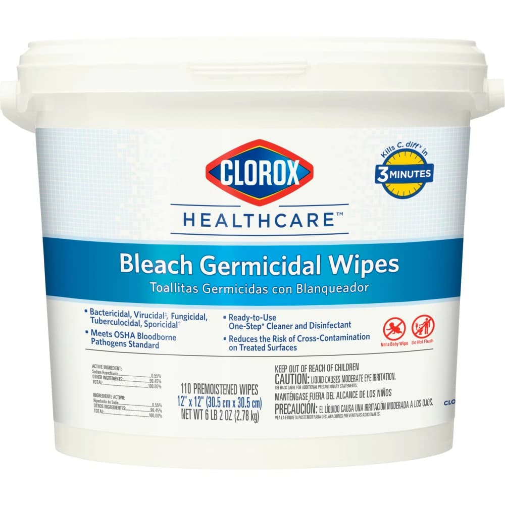 Clorox Healthcare Bleach Germicidal Wipes, 12 in x 12 in, Bucket of 110, Case of 2 (EPA 67619-12) thumbnail 2